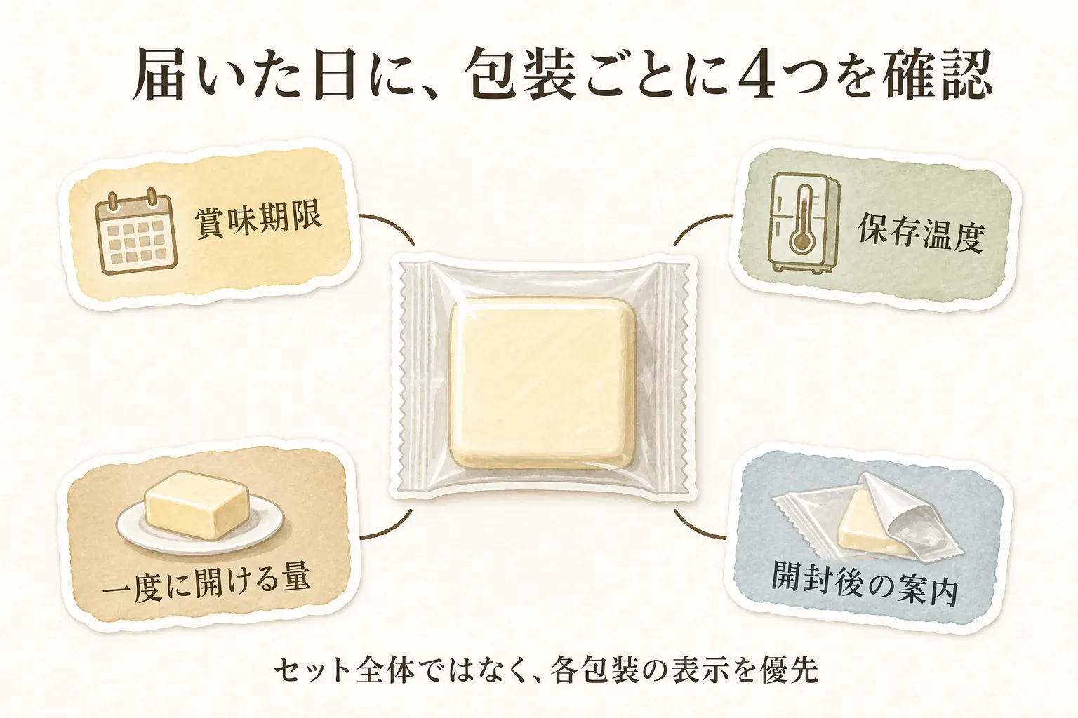 届いたチーズ詰め合わせの各包装について、賞味期限、保存温度、開封後の案内、一度に食べる量を確認し、フレッシュタイプの食べる日と熟成タイプの確認日を二人で決める図
