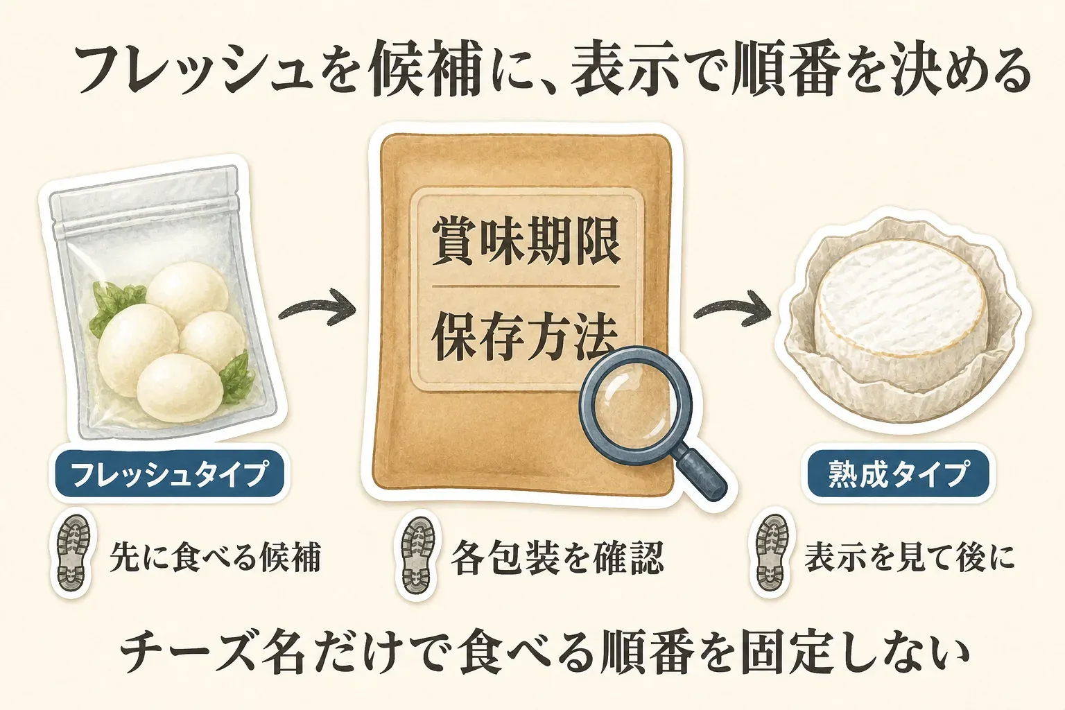 チーズ詰め合わせを届いた日から食べる順番として、フレッシュタイプを先に食べる品、熟成タイプを包装ごとの賞味期限と食べ頃を確認して後に食べる品に分け、先に食べる品と週末まで残す品をメモする流れを示す図