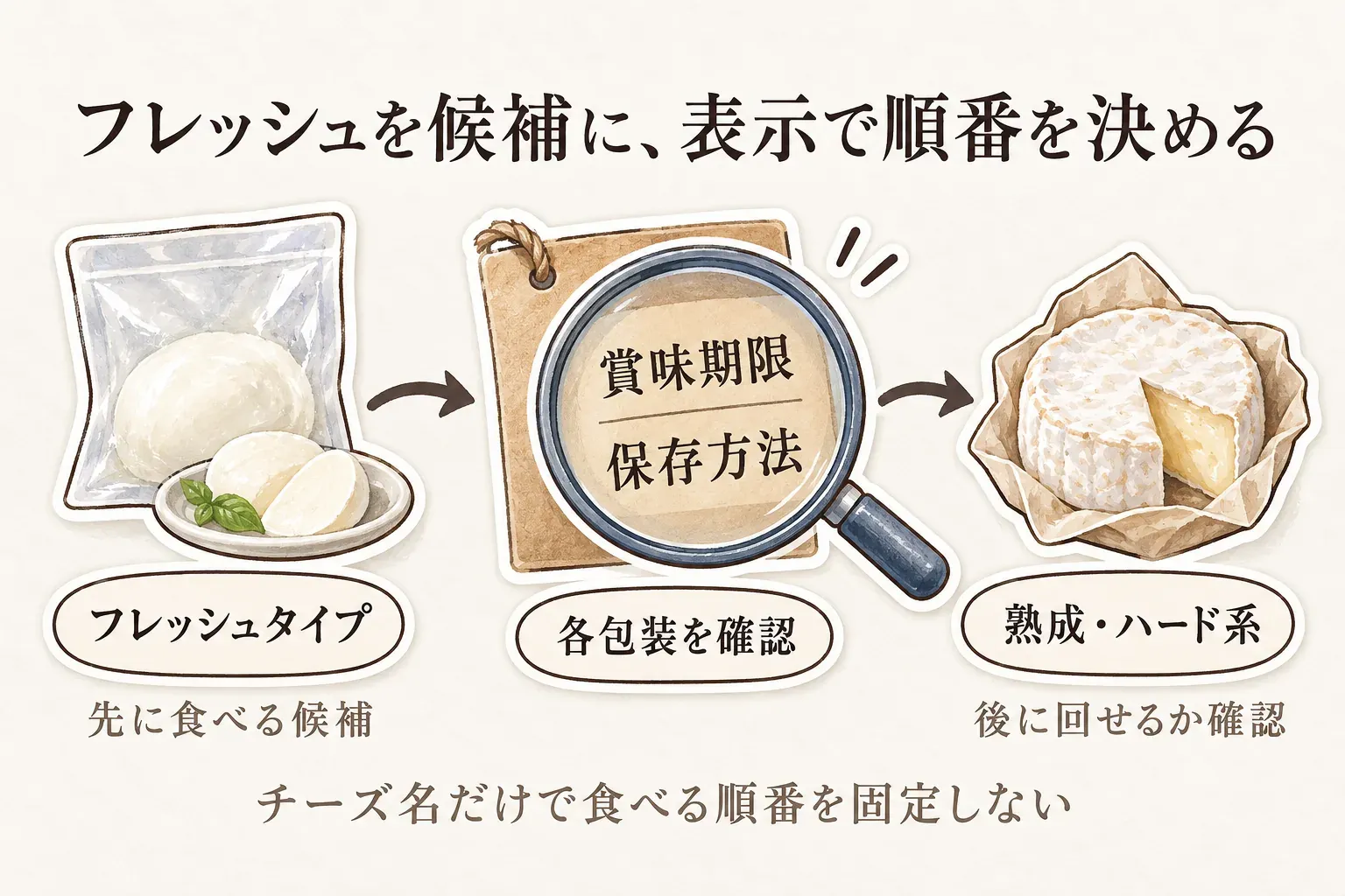 フレッシュタイプを先に食べる候補にし、各包装の賞味期限と保存方法を確認したうえで、熟成・ハード系を後に回せるかを判断する順番を示す図