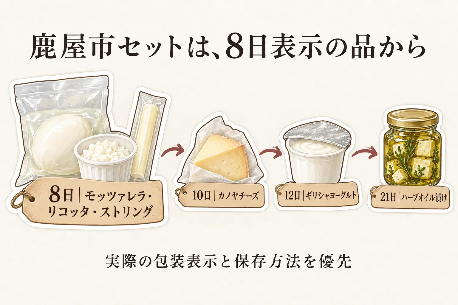 鹿屋市のナチュラルチーズセットを受け取った後、賞味期限8日のモッツァレラ・リコッタ・ストリングチーズを先に開け、10日のカノヤチーズ、12日のギリシャヨーグルト、21日のハーブオイル漬けを順に楽しむ開封計画を示す図
