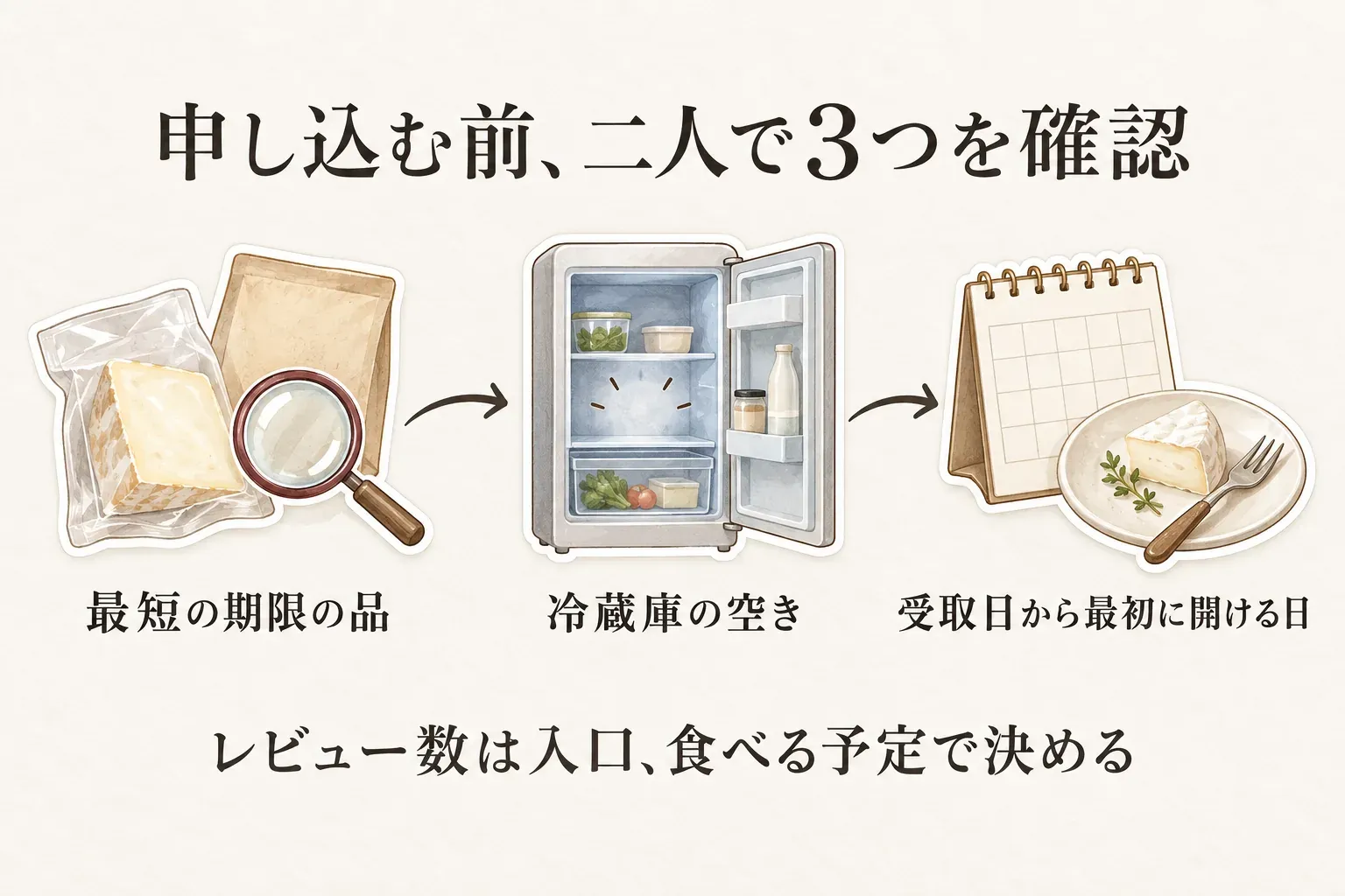 チーズ詰め合わせを申し込む前に、レビュー数を人気の入口として確認し、フレッシュ系を先に食べられるか、熟成・ハード系を後に回せるか、セット内容、冷蔵配送の受取日と冷蔵庫の空き、開封後の保存方法を確認する図