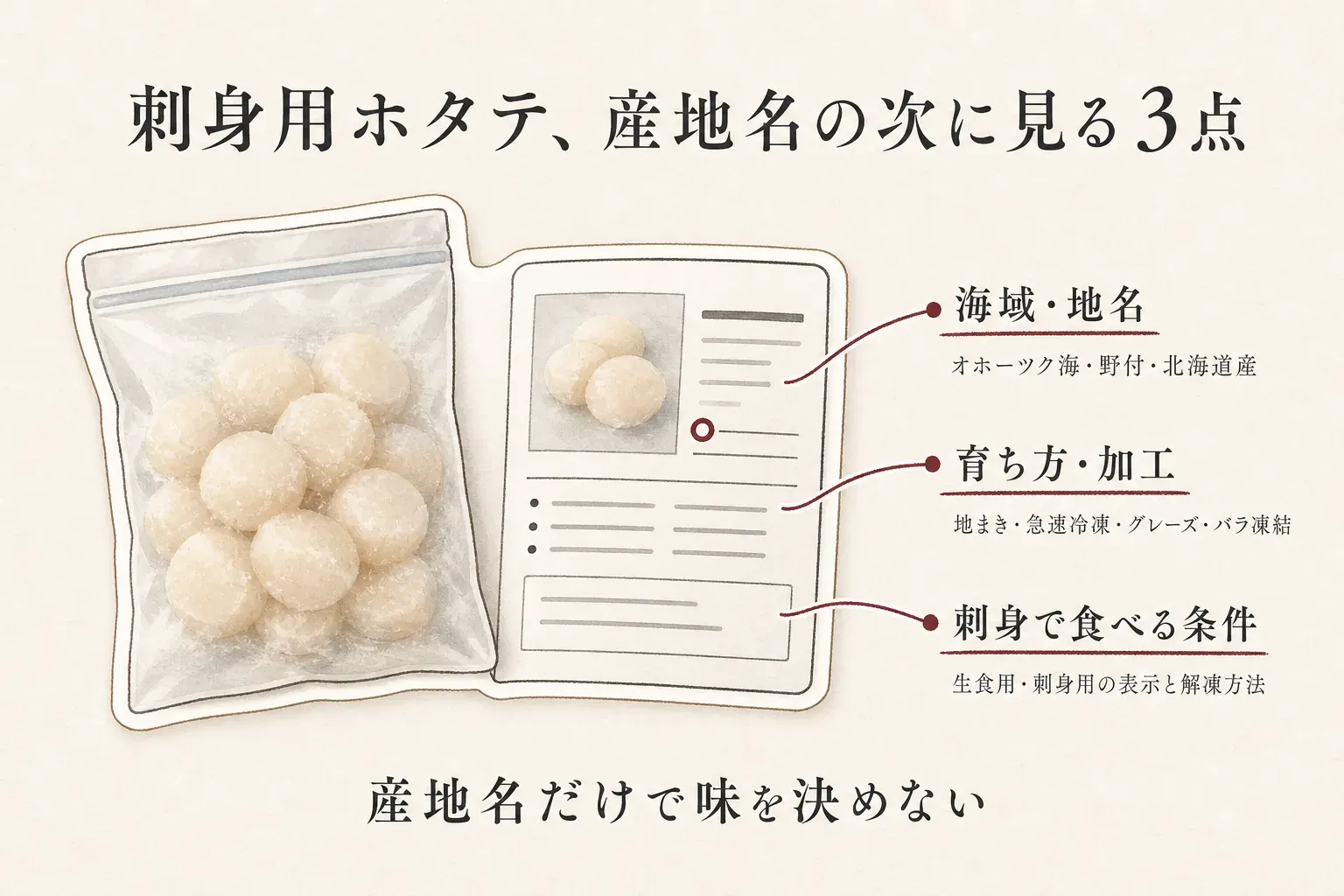 刺身用ホタテの商品ページで産地名の次に確認する3点を示す図。海域・地名（オホーツク海・野付・北海道産）、育ち方・加工（地まき・急速冷凍・グレーズ・バラ凍結）、刺身で食べる条件（生食用・刺身用の表示と解凍方法）を確認し、産地名だけで味を決めない。