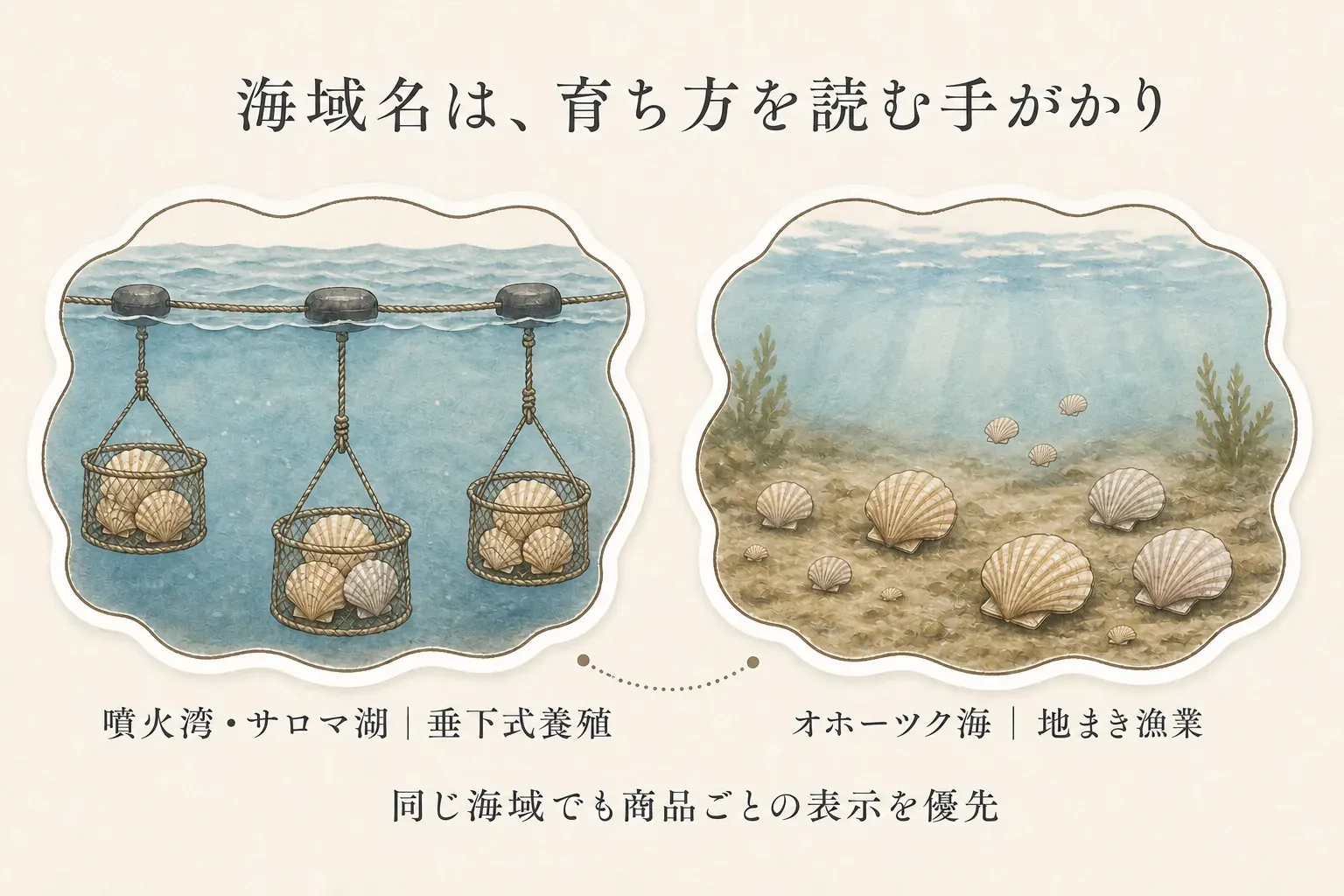 海域名は育ち方を読む手がかりであることを示す図。噴火湾・サロマ湖の垂下式養殖と、オホーツク海の地まき漁業を対比し、同じ海域でも商品ごとの表示を優先する。出典：北海道庁「ホタテガイ」。