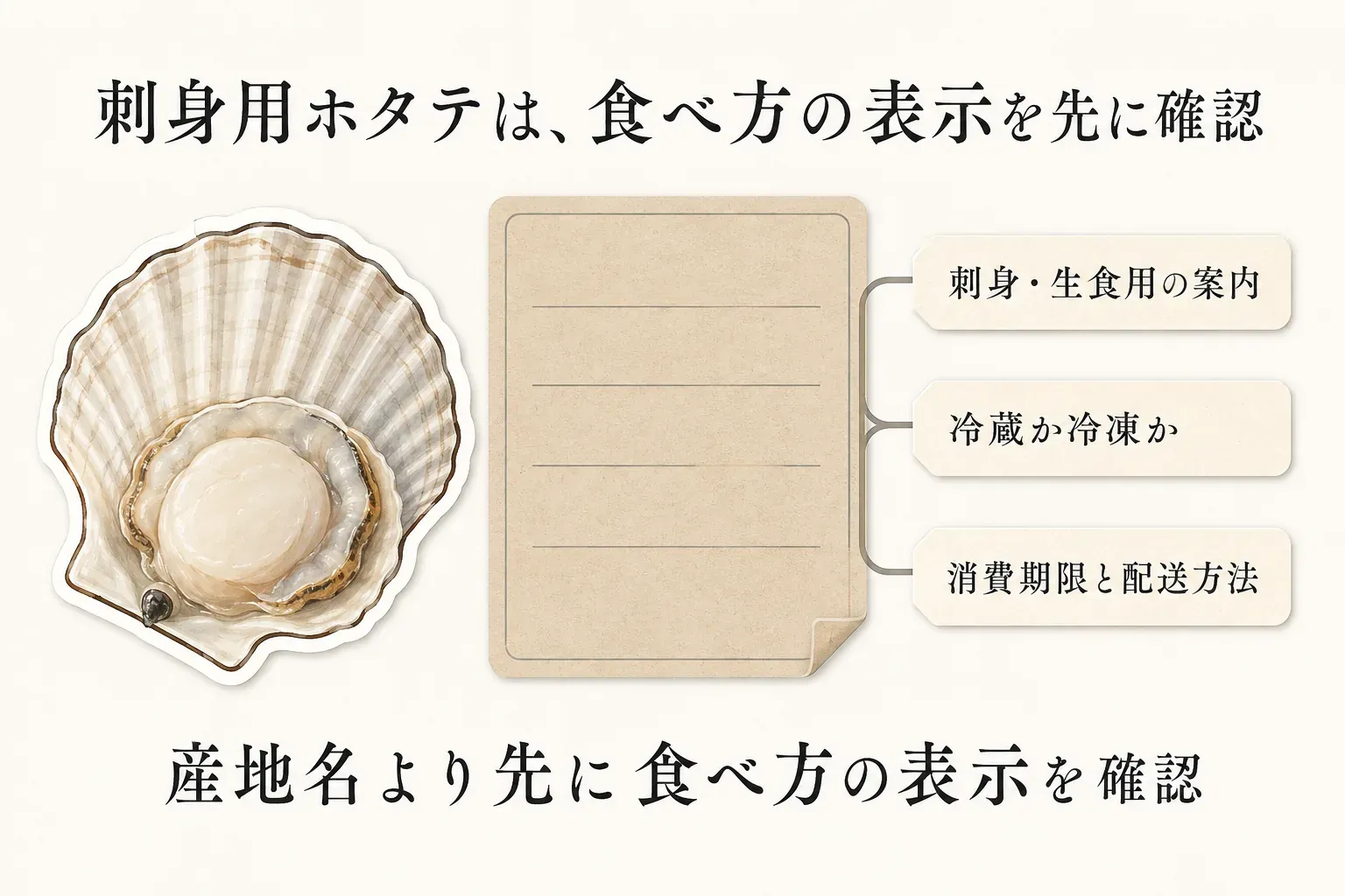 ホタテ返礼品の商品ページで確認する表示を示す図。刺身で食べる場合は生食用・刺身の記載、産地を比べる場合は商品名だけでなく産地欄・原材料欄、受け取り方は冷蔵・冷凍と消費期限を確認する。