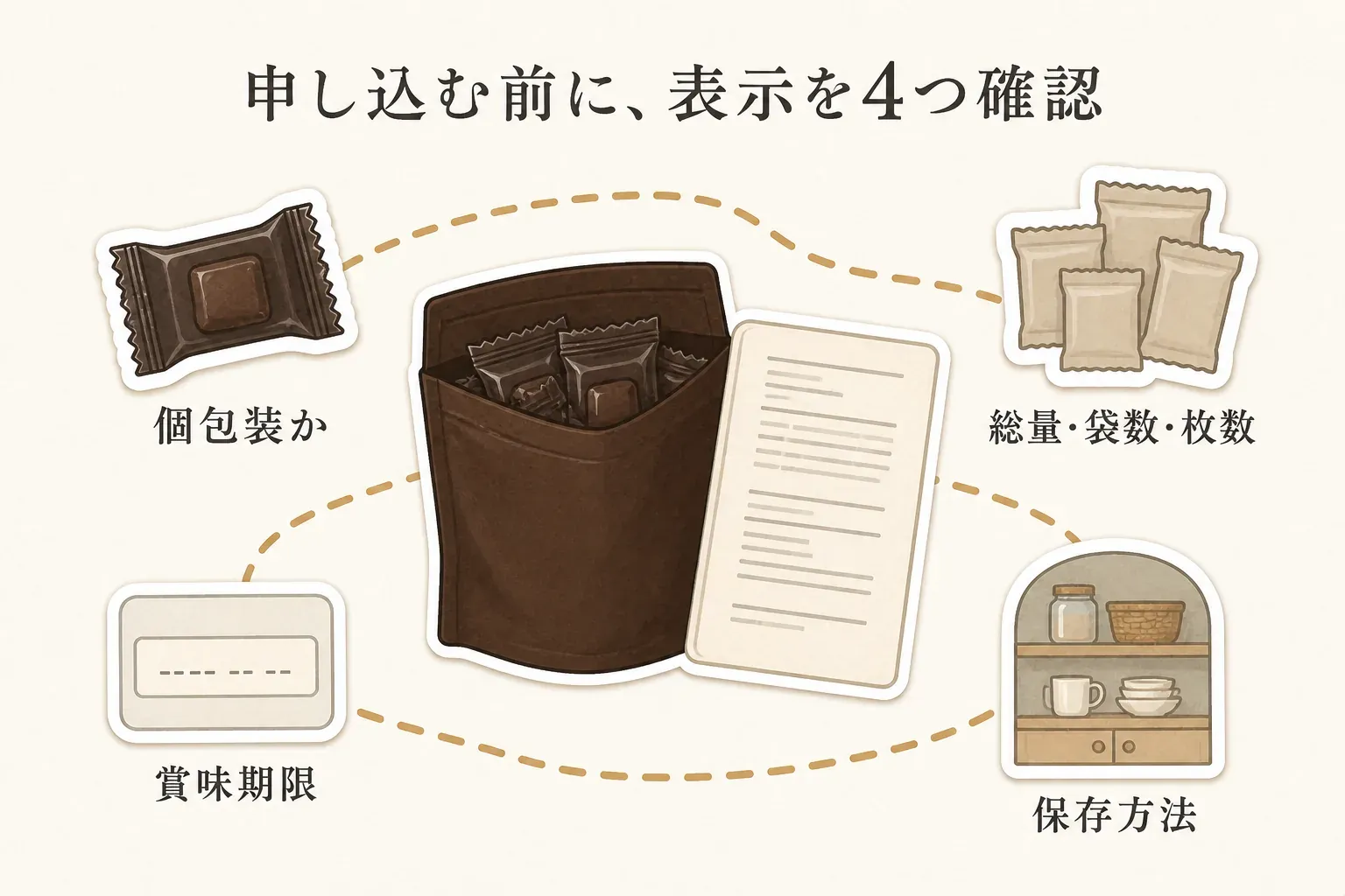 個包装チョコレートを申し込む前に、個包装か、総量・袋数・枚数、賞味期限、保存方法の4つの表示を確認する流れを示す図