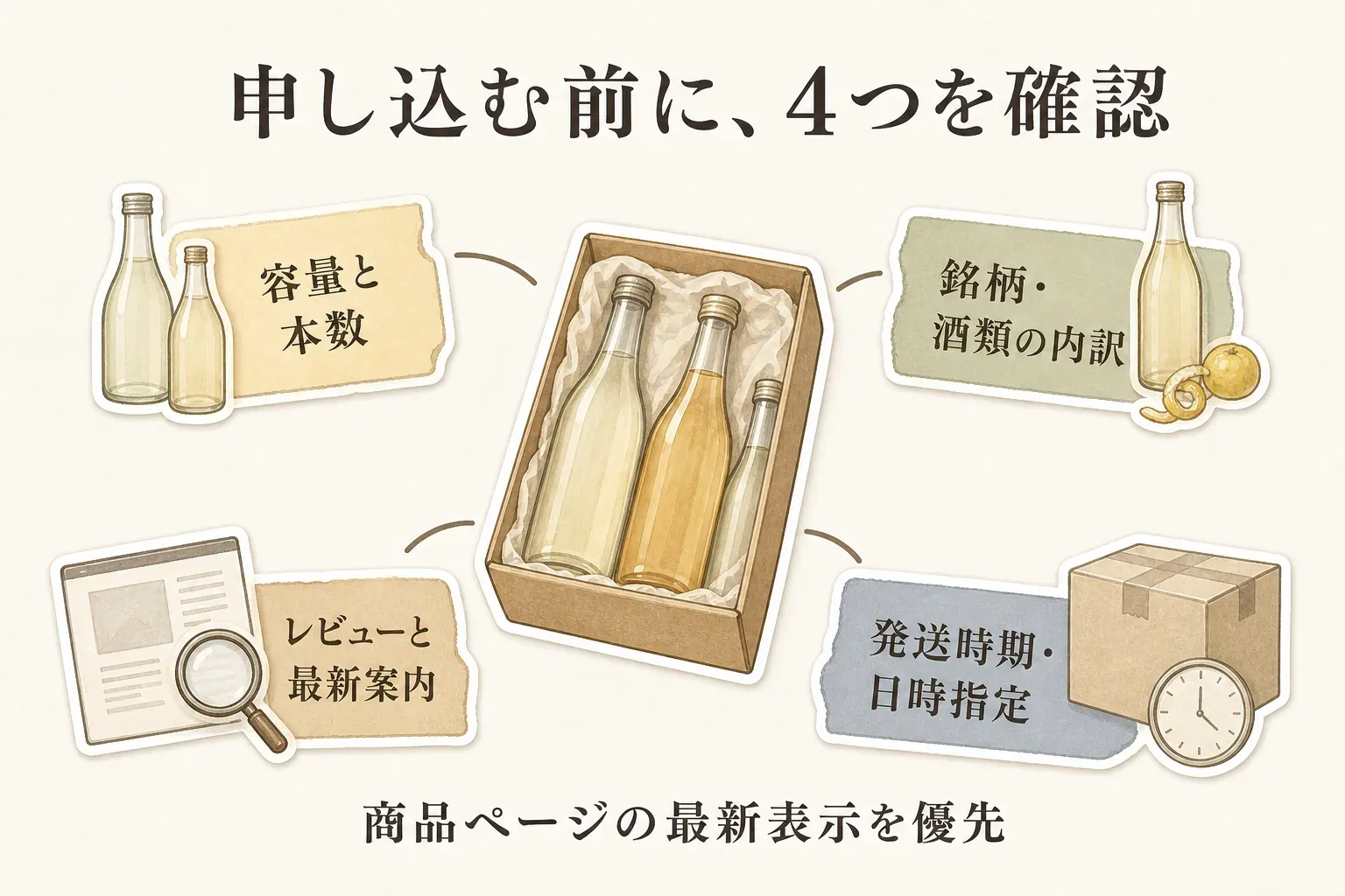 日本酒の飲み比べ返礼品を申し込む前に、容量と本数、銘柄・酒類の内訳、発送時期・日時指定、レビューと商品ページの最新案内の4項目を確認し、商品ページの最新表示を優先することを示す図