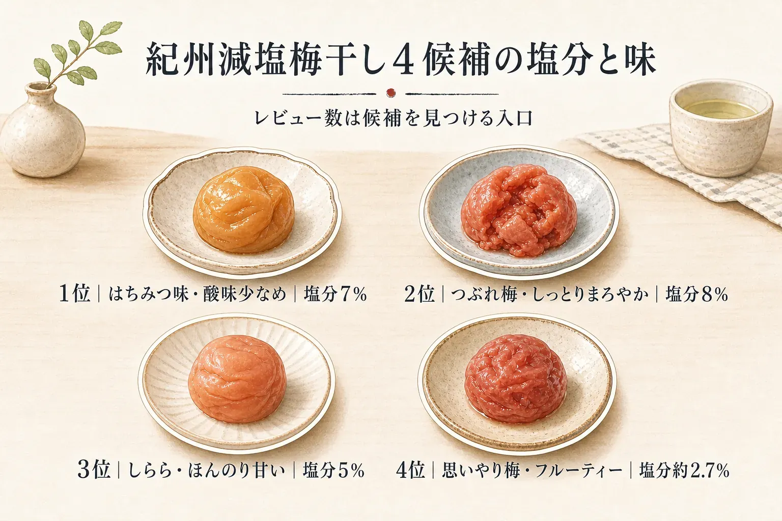 レビュー数を入口に、紀州減塩梅干しを塩分濃度、甘み・酸味、果肉の食感で選ぶ比較図。候補は塩分約2.7％、5％、7％、8％に分かれ、はちみつの甘みやまろやかさ、薄皮と果肉の特徴を確認する