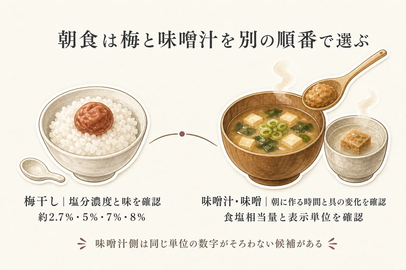夫婦二人の朝食で減塩梅干しと減塩味噌汁を選ぶ順番。梅干しは塩分濃度と味を決め、ご飯・おにぎり・お茶請けへの使い方と保存・量を確認する。味噌汁は朝の時間と具の変化を決め、即席か手作りか、食塩相当量の表示単位、食数や保存条件を確認する