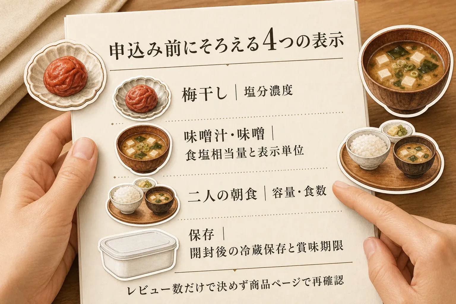 ふるさと納税の紀州減塩梅干しと減塩味噌汁を申し込む前の商品ページ確認図。梅干しは塩分濃度、内容量、開封後の冷蔵保存、賞味期限を、味噌汁・味噌は食塩相当量と表示単位、食数・個数、開封後の保存条件を確認する