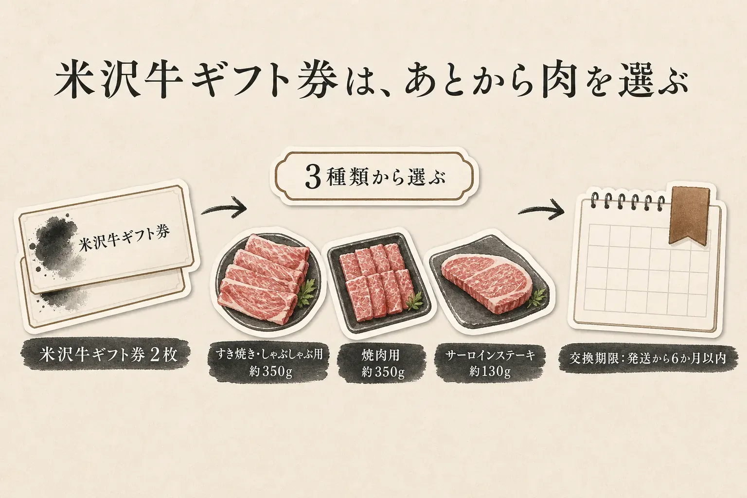 米沢牛ギフト券2枚を受け取り、すき焼き・しゃぶしゃぶ用約350g、焼肉用約350g、サーロインステーキ約130gの3種類からあとから選ぶ流れ。交換期限は発送から6か月以内