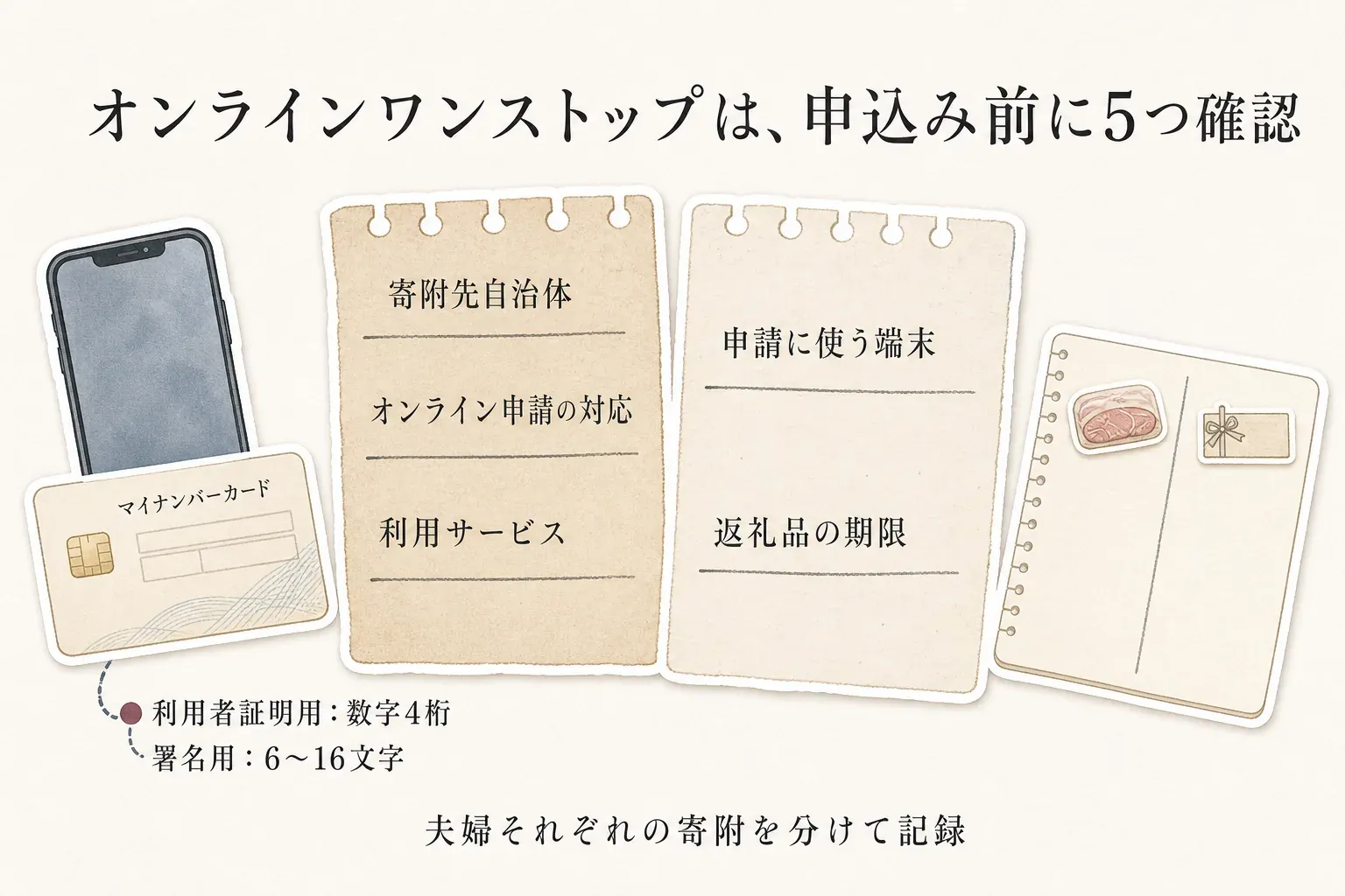 オンラインワンストップ申請の前に、寄附先自治体、オンライン申請への対応、利用サービス、申請に使う端末、返礼品の期限を確認する図。マイナンバーカードの利用者証明用暗証番号は数字4桁、署名用パスワードは6〜16文字で、夫婦それぞれの寄附を分けて記録する