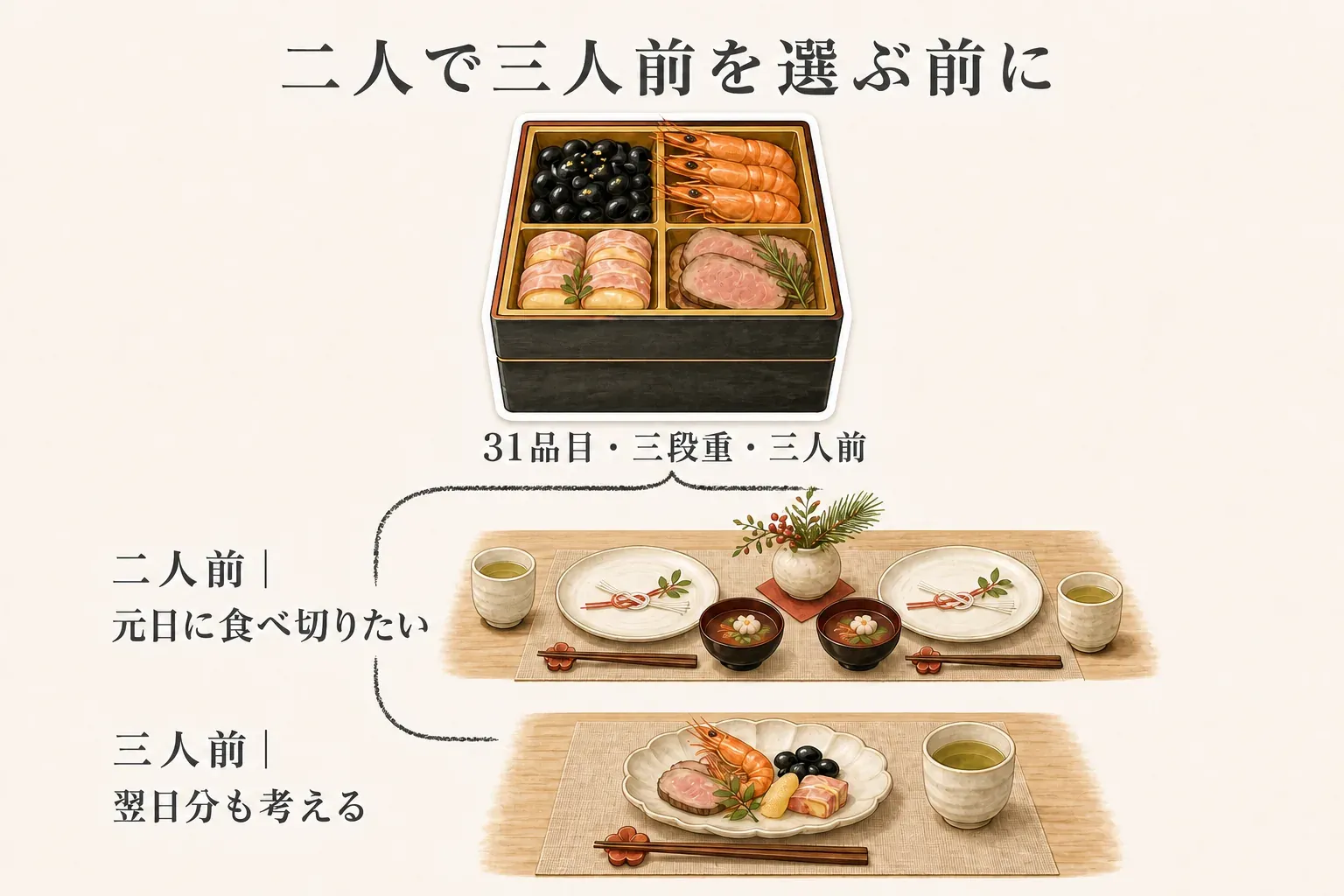 31品目・三段重・三人前の冷凍おせちを夫婦二人で選ぶ前に、二人前として元日に食べ切りたいか、三人前として翌日分も考えるかを食卓の例で確認する図