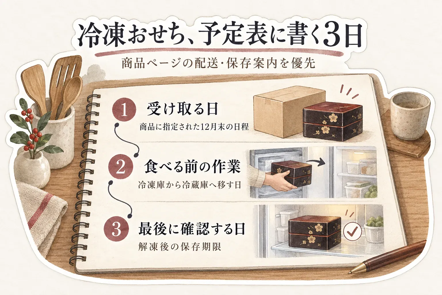 冷凍おせちについて、商品に指定された12月末の受取日、冷凍庫から冷蔵庫へ移す食べる前の作業日、解凍後の保存期限を確認する最後の日の3日を予定表に書く図。商品ページの配送・保存案内を優先する