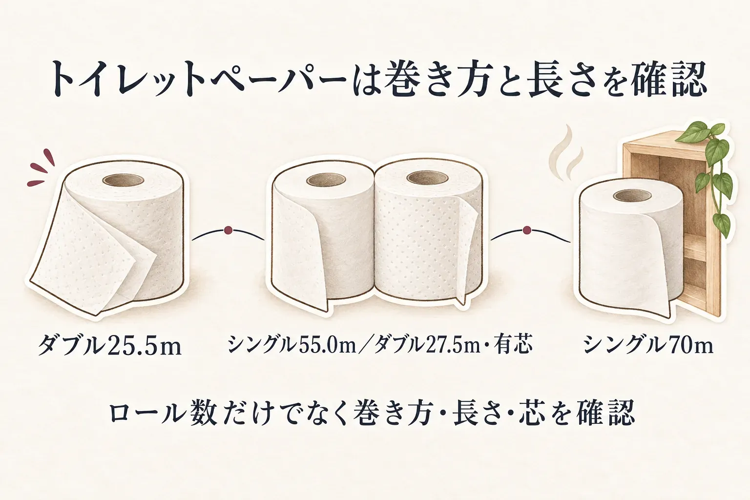 トイレットペーパーの巻き方と長さの比較。ダブル25.5m、シングル55.0m／ダブル27.5mで有芯、シングル70mを示し、ロール数だけでなく巻き方・長さ・芯を確認する図