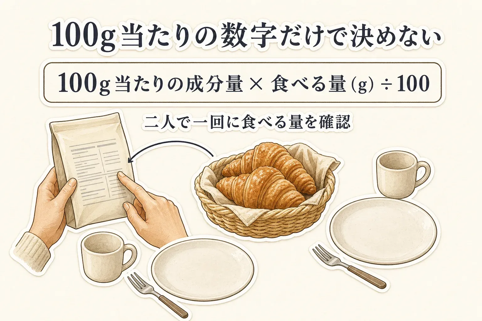 100g当たりの糖質量を二人が一回に食べる個数や量へ戻して確認し、大袋を少しずつ食べる場合と個包装を一つずつ食べる場合で一食の糖質量が変わることを示す図