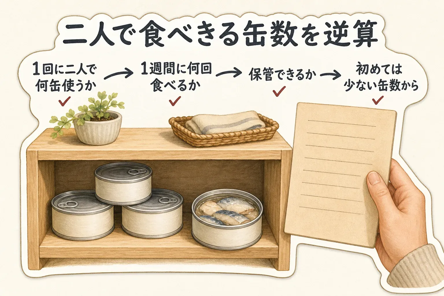 夫婦二人で食べきれるサバ水煮缶の数を、1回に二人で使う缶数、1週間に食べる回数、保管できる量の順に確かめ、初めては少ない缶数から選ぶ流れを示す図