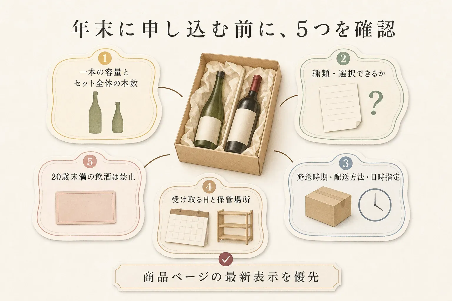 年末に酒類の返礼品を申し込む前の5つの確認事項を示す図。一本の容量とセット全体の本数、種類・選択できるか、発送時期・配送方法・日時指定、受け取る日と保管場所、20歳未満の飲酒は禁止であることを、商品ページの最新表示で確認する