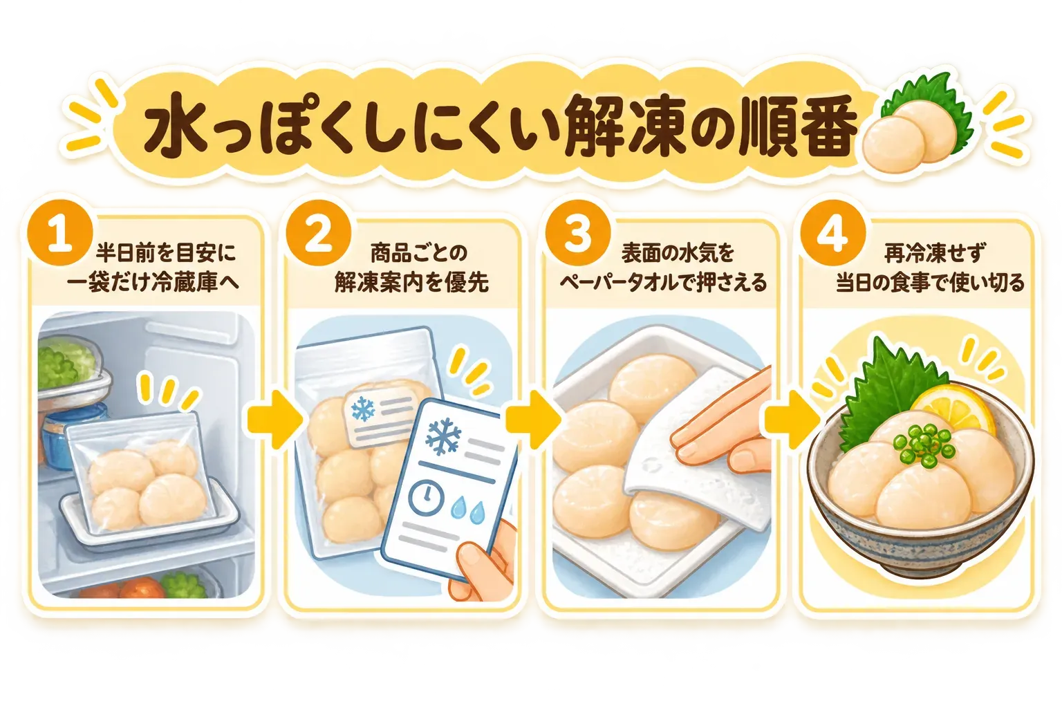 冷凍ホタテを水っぽくしにくくする解凍手順。半日前を目安に一袋だけ冷蔵庫へ移し、商品ごとの解凍案内を優先し、表面の水気をペーパータオルで押さえ、再冷凍せず当日の食事で使い切る。出典：北海道ぎょれん「冷凍ほたて貝柱を上手に解凍するには？」、農林水産省「おいしさの秘密を探る！ 冷凍食品豆知識と製造工場レポート」