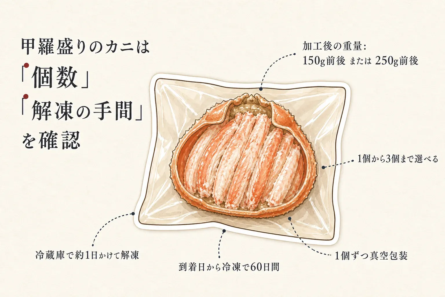 甲羅盛りのカニは、個数と解凍の手間を確認する。加工後の重量は150g前後または250g前後で1個から3個まで選べ、1個ずつ真空包装、到着日から冷凍で60日間保存でき、冷蔵庫で約1日かけて解凍することを示す図