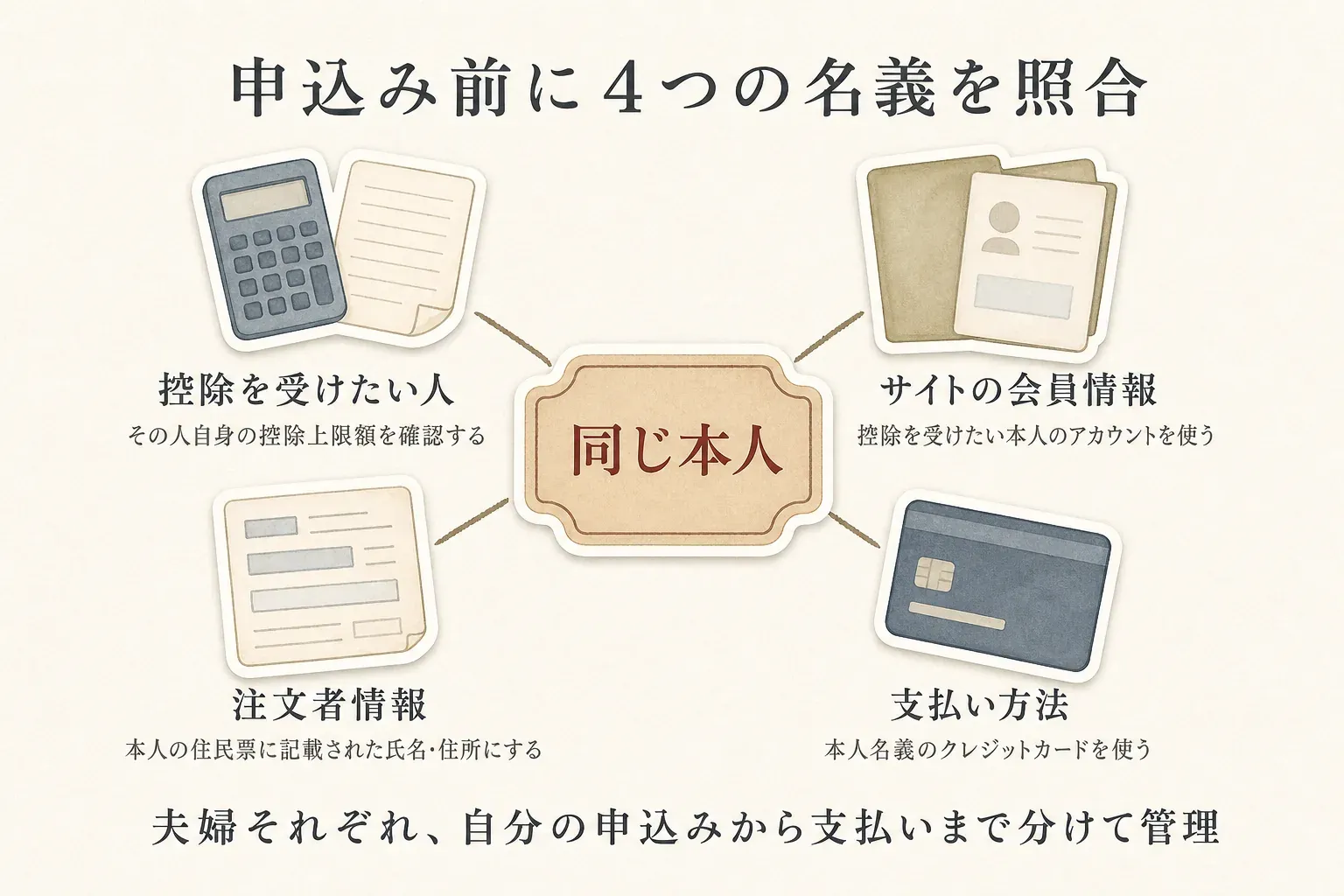 ふるさと納税の申込み前に、控除を受けたい人、サイトの会員情報、注文者情報、支払い方法の4項目を照合する図。控除を受けたい本人のアカウントを使い、住民票どおりの氏名・住所を注文者情報に入力し、本人名義のクレジットカードで支払う