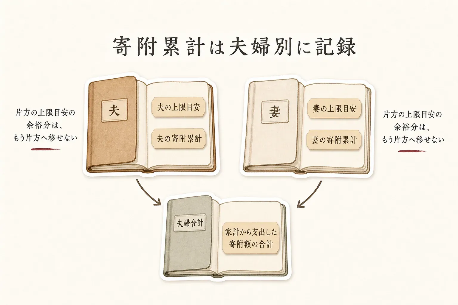 夫婦のふるさと納税の記録を、夫と妻で分けて管理する図。各欄に上限目安、寄附日、自治体、寄附額、手続き方法を記録し、夫婦合計には家計から支出した寄附額の合計を記録する