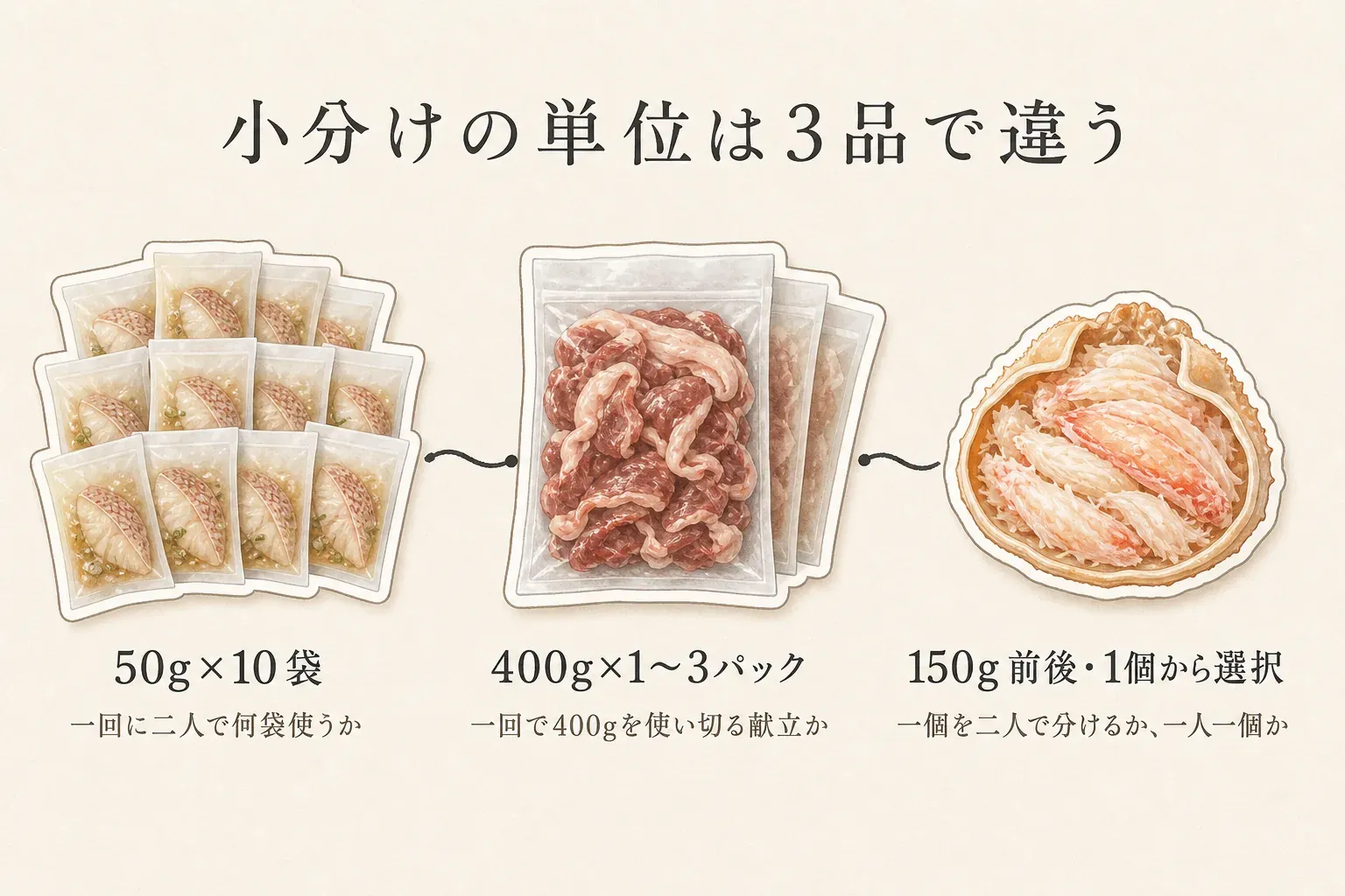 小分け返礼品の単位の違いを、50g×10袋は二人で一回に何袋使うか、400g×1〜3パックは一回で400gを使い切る献立か、150g前後で1個から選べるかには一個を二人で分けるか一人一個にするかで確認する図