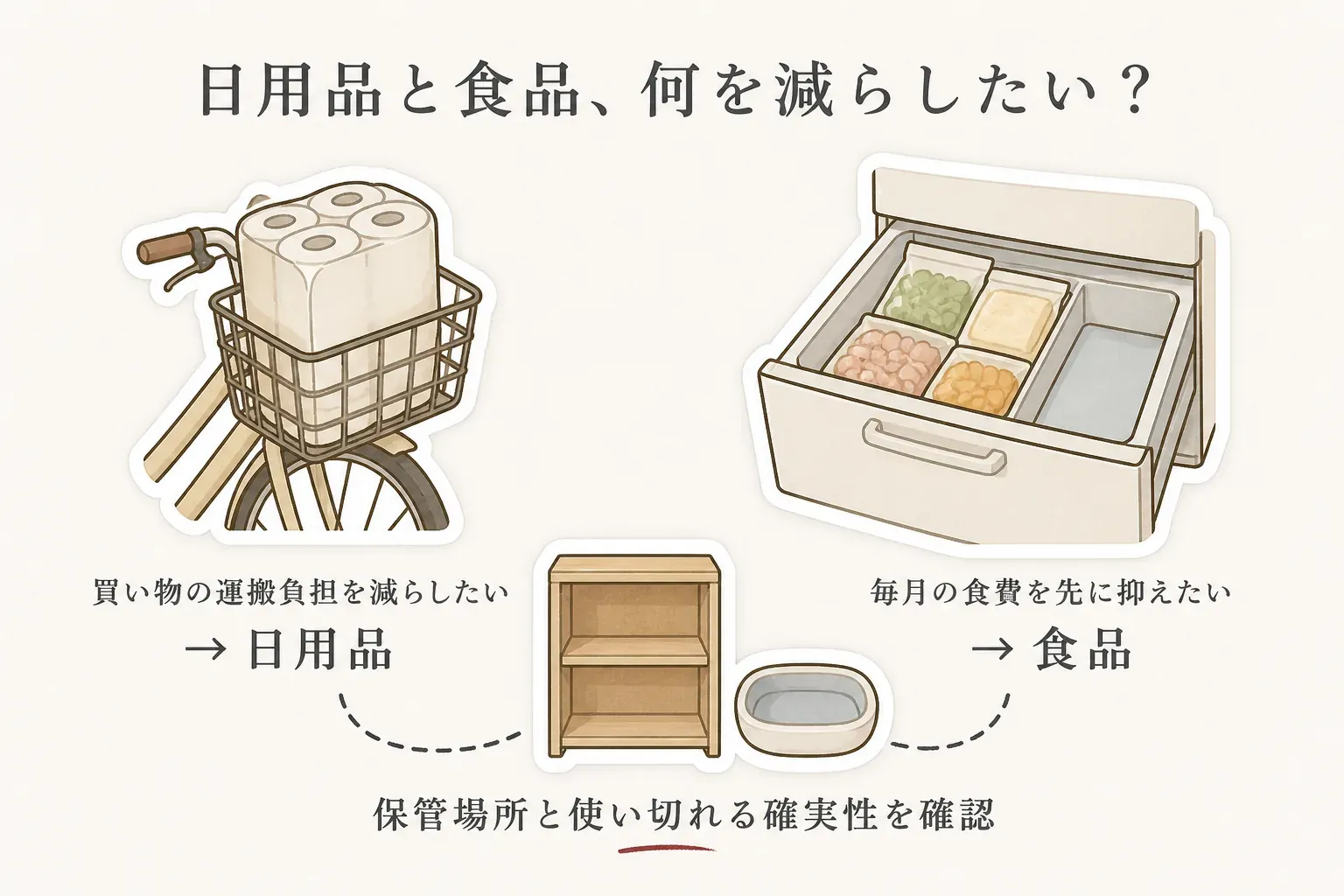 日用品と食品のどちらを選ぶかを、減らしたい負担から考える図。自転車でトイレットペーパーを運ぶ買い物の運搬負担を減らしたい場合は日用品、冷凍庫の食品で毎月の食費を先に抑えたい場合は食品を選び、どちらも保管場所と使い切れる確実性を確認する