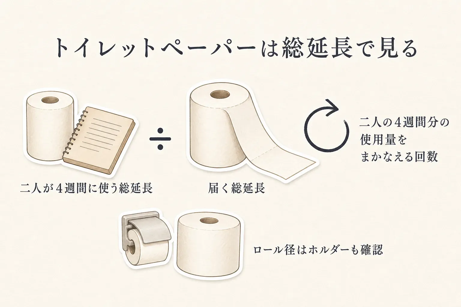 トイレットペーパーをロール数ではなく総延長で見る図。二人が4週間に使う総延長で届く総延長を割り、二人の4週間分の使用量をまかなえる回数を求める。長巻きはロール径がホルダーに収まるかも確認する