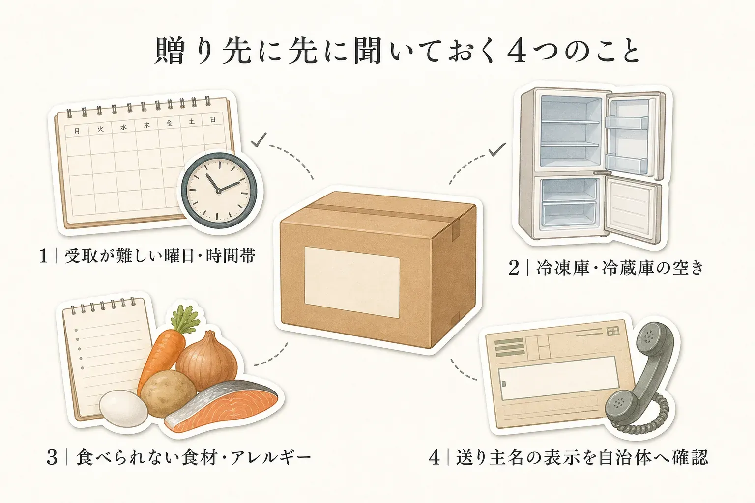 ふるさと納税の返礼品を直送する前に贈り先へ確認する四項目として、受取が難しい曜日・時間帯、冷凍庫・冷蔵庫の空き、食べられない食材・アレルギー、送り主名の表示を自治体へ確認することを示す図