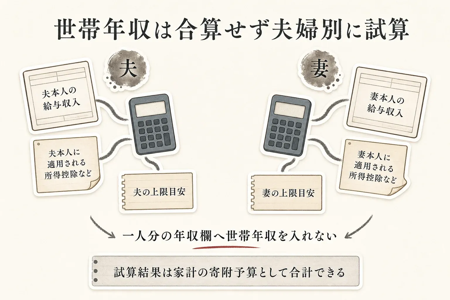 共働き夫婦のふるさと納税では、夫と妻が世帯年収を合算せず、それぞれ本人の給与収入や所得控除を使って控除上限額を別々に試算し、本人名義で寄附することを示す図