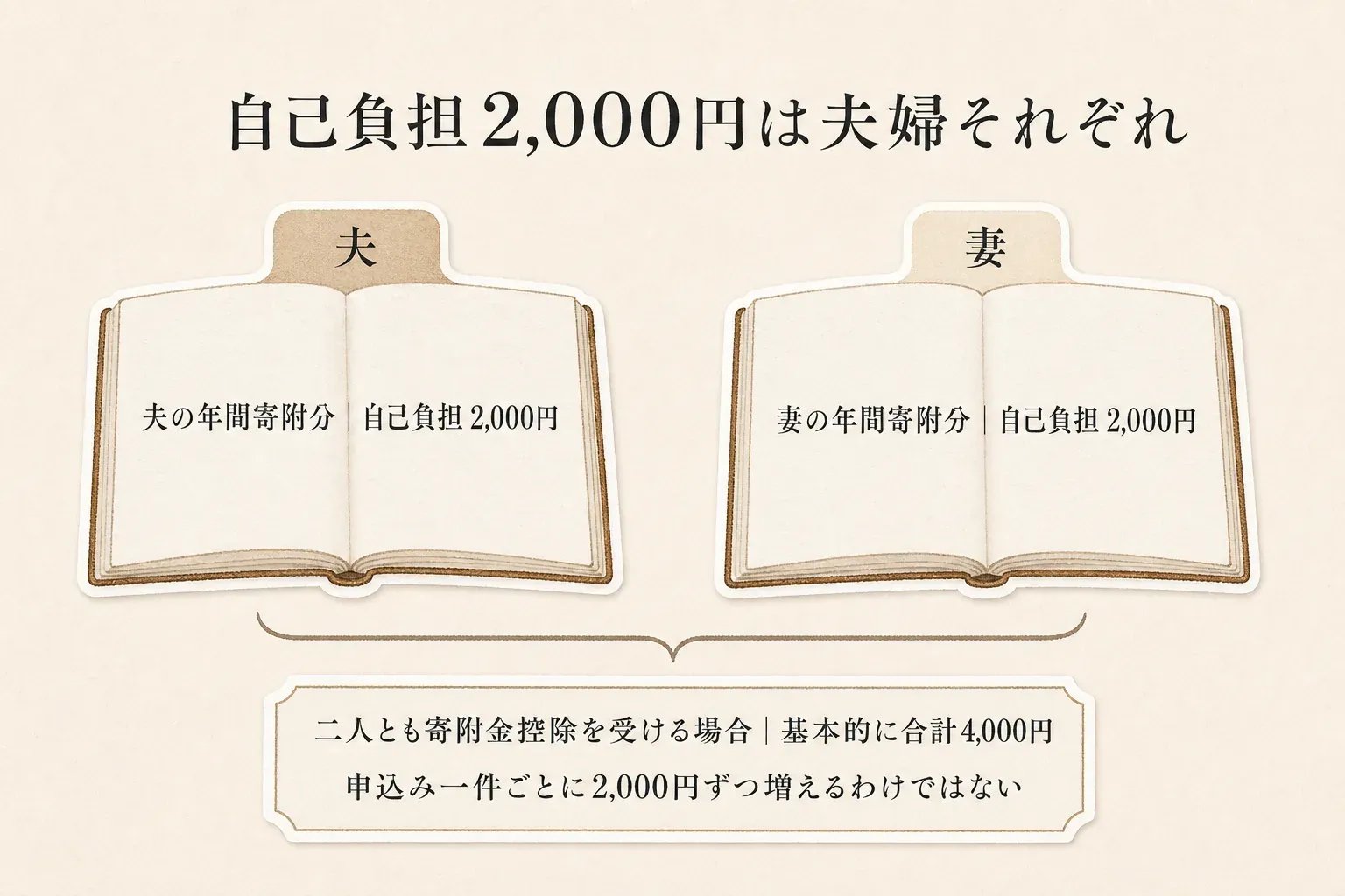 ふるさと納税の自己負担は寄附1件ごとではなく、本人が一年間に行った寄附の合計に対して2,000円が基準となる。夫婦がそれぞれ控除を受ける場合は、夫2,000円と妻2,000円で家計全体の自己負担は合計4,000円となることを示す図