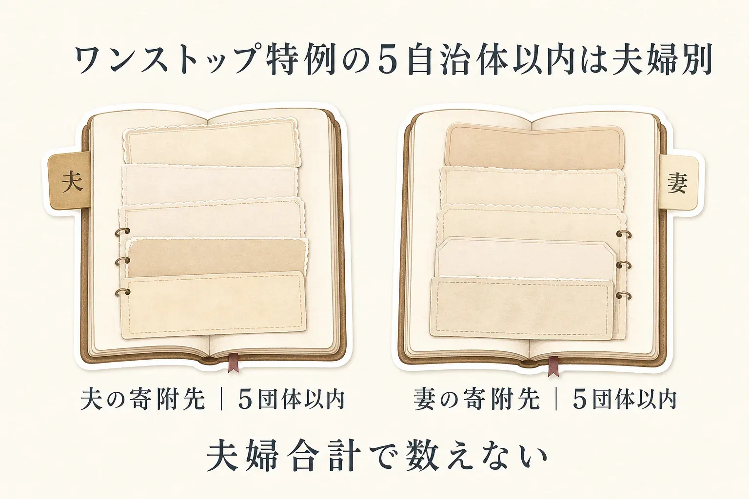 ワンストップ特例の寄附先は夫婦合計ではなく寄附者本人ごとに数える。夫と妻それぞれについて、同じ自治体への複数回の寄附は1団体として数え、5団体以内かを別々に確認することを示す図