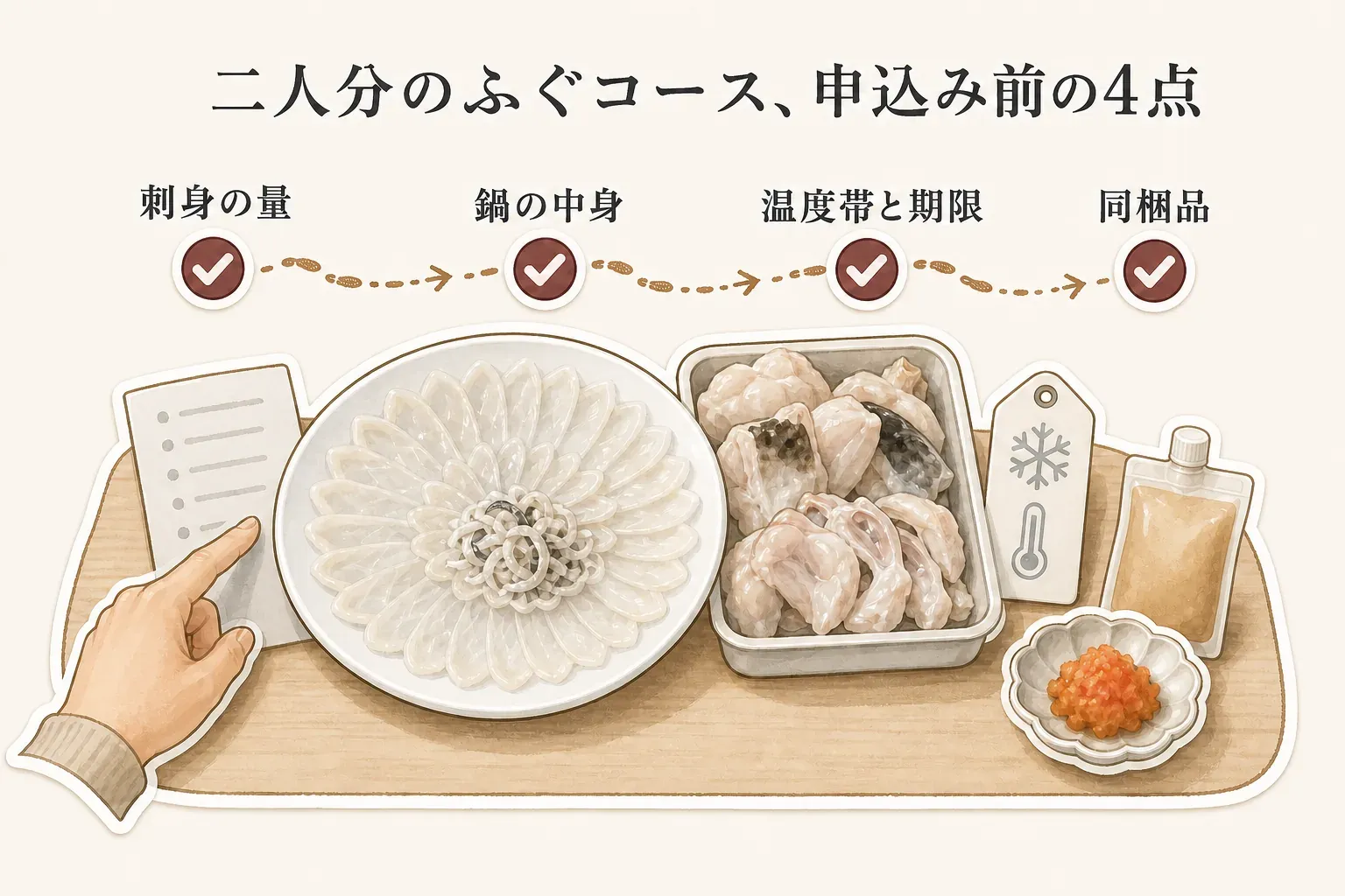 二人分のふぐコースを申し込む前に、刺身の量、鍋の中身、冷蔵・冷凍の温度帯と期限、自分で足す野菜・豆腐・締めなどの食材という4項目を確認する図