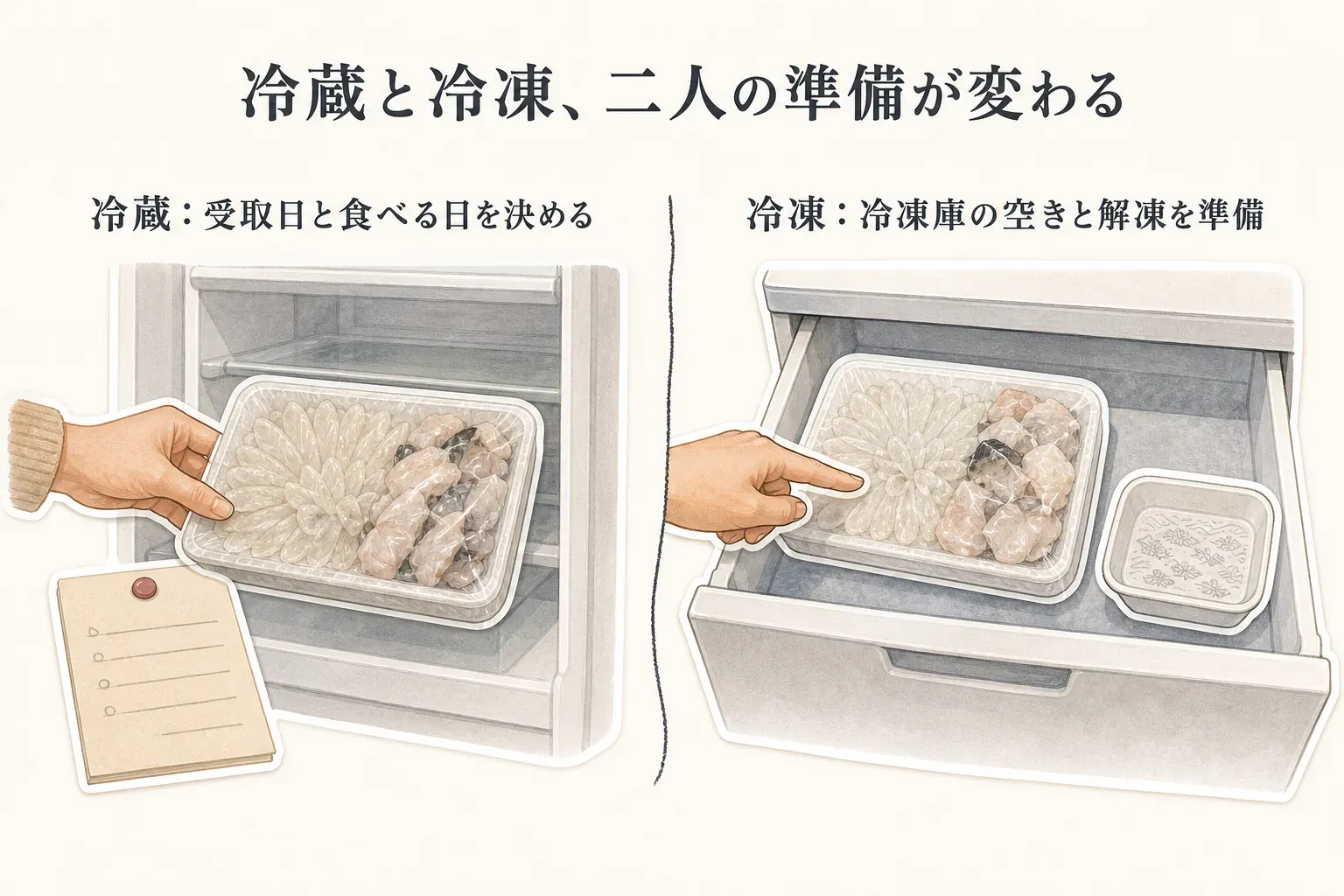 冷蔵品は受取日と消費期限に合わせて早めに食べる日を決め、冷凍品は冷凍庫の空きと冷蔵庫または電子レンジでの解凍時間を受取日から逆算して準備する流れ。解凍方法は厚生労働省「家庭でできる食中毒予防の6つのポイント」に基づく