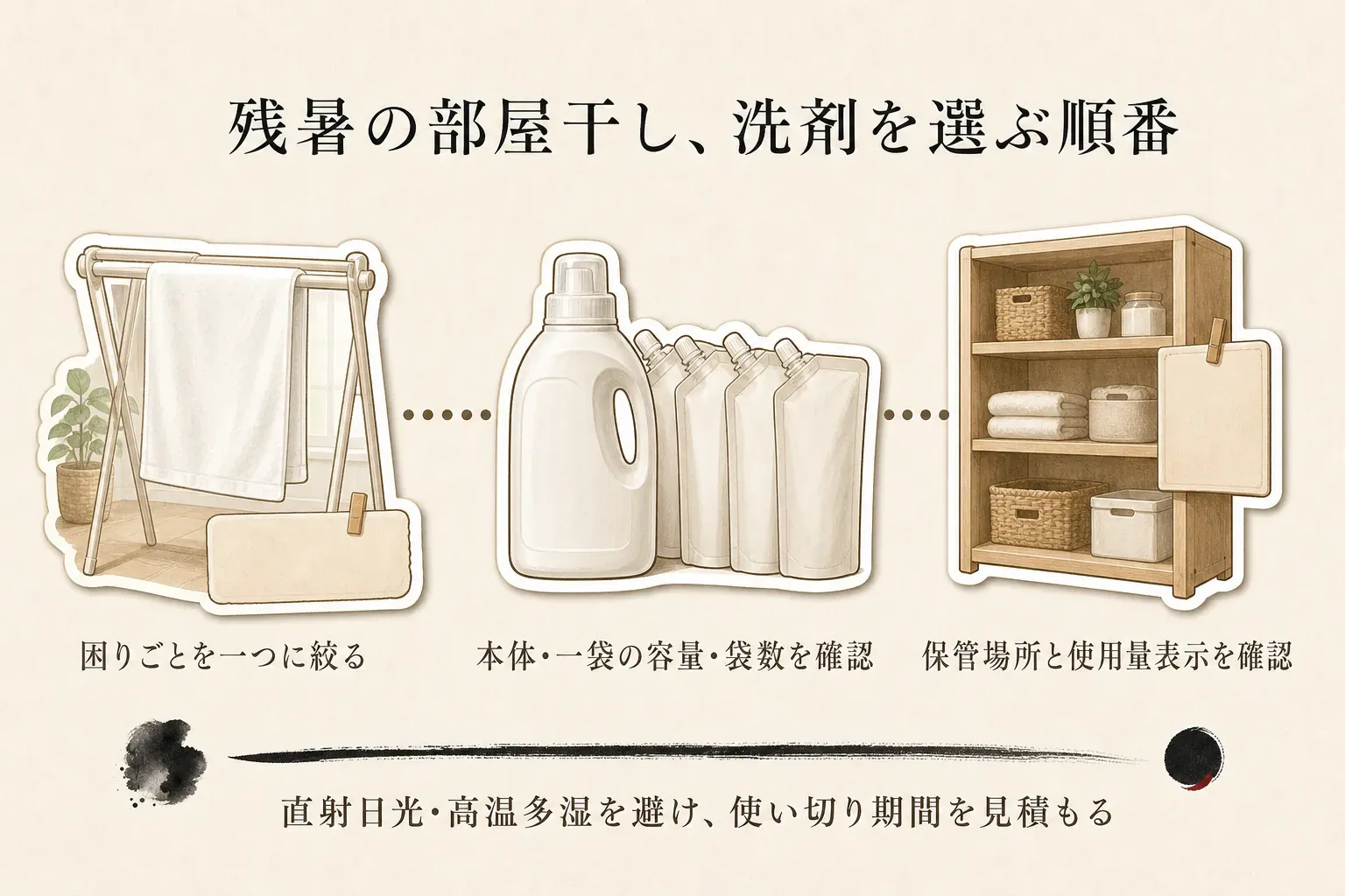 残暑の部屋干し用の洗濯洗剤を選ぶ順番として、ニオイ・汚れ・香りや成分の希望を決め、本体の要否と詰替え可否を確認し、一袋の容量と袋数、直射日光・高温多湿を避ける未開封袋の保管場所、使用回数またはラベルの使用量から使い切り期間を順に確認する図