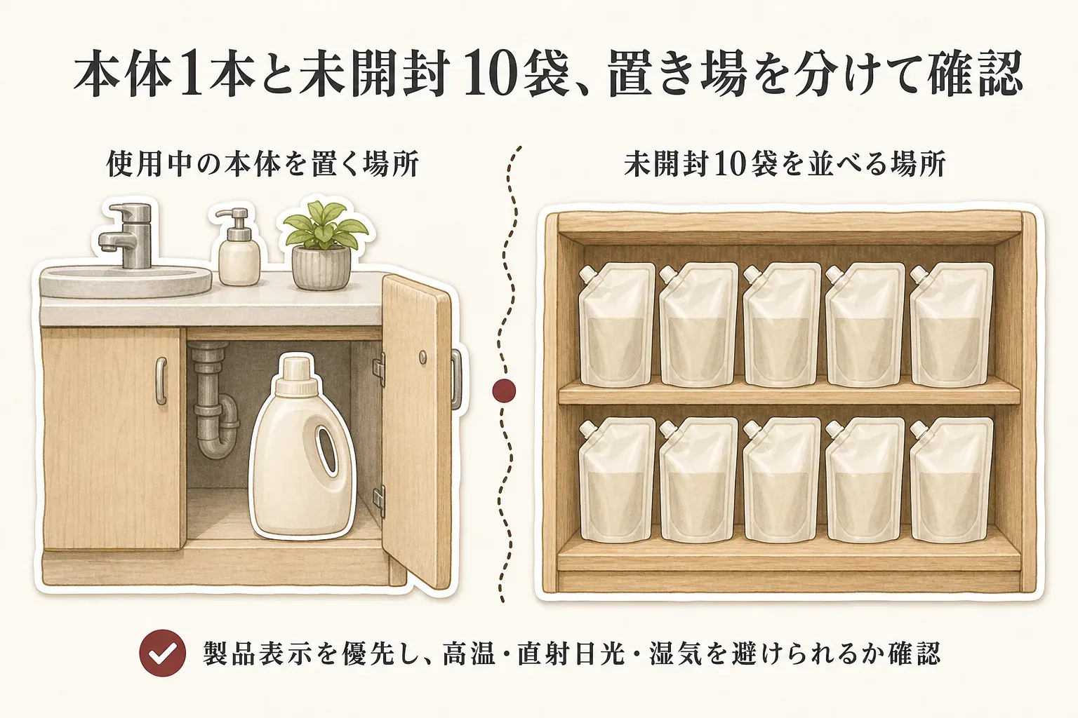 洗面台下に使用中の洗濯洗剤本体1本を置く場所と、棚に未開封の詰替え10袋を並べる場所を分けて確認する図。製品表示を優先し、高温・直射日光・湿気を避けられるか確かめる