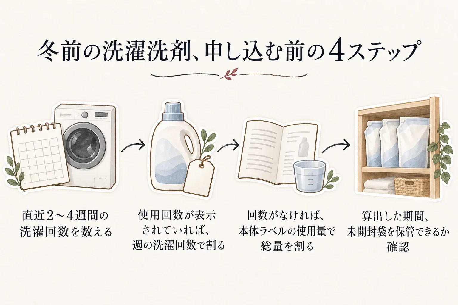 冬前の洗濯洗剤を申し込む前に、直近2〜4週間の洗濯回数を数え、使用回数が表示されていれば週の洗濯回数で割り、回数がなければ本体ラベルの使用量で総量を割り、算出した期間は未開封袋を保管できるか確認する4ステップの図