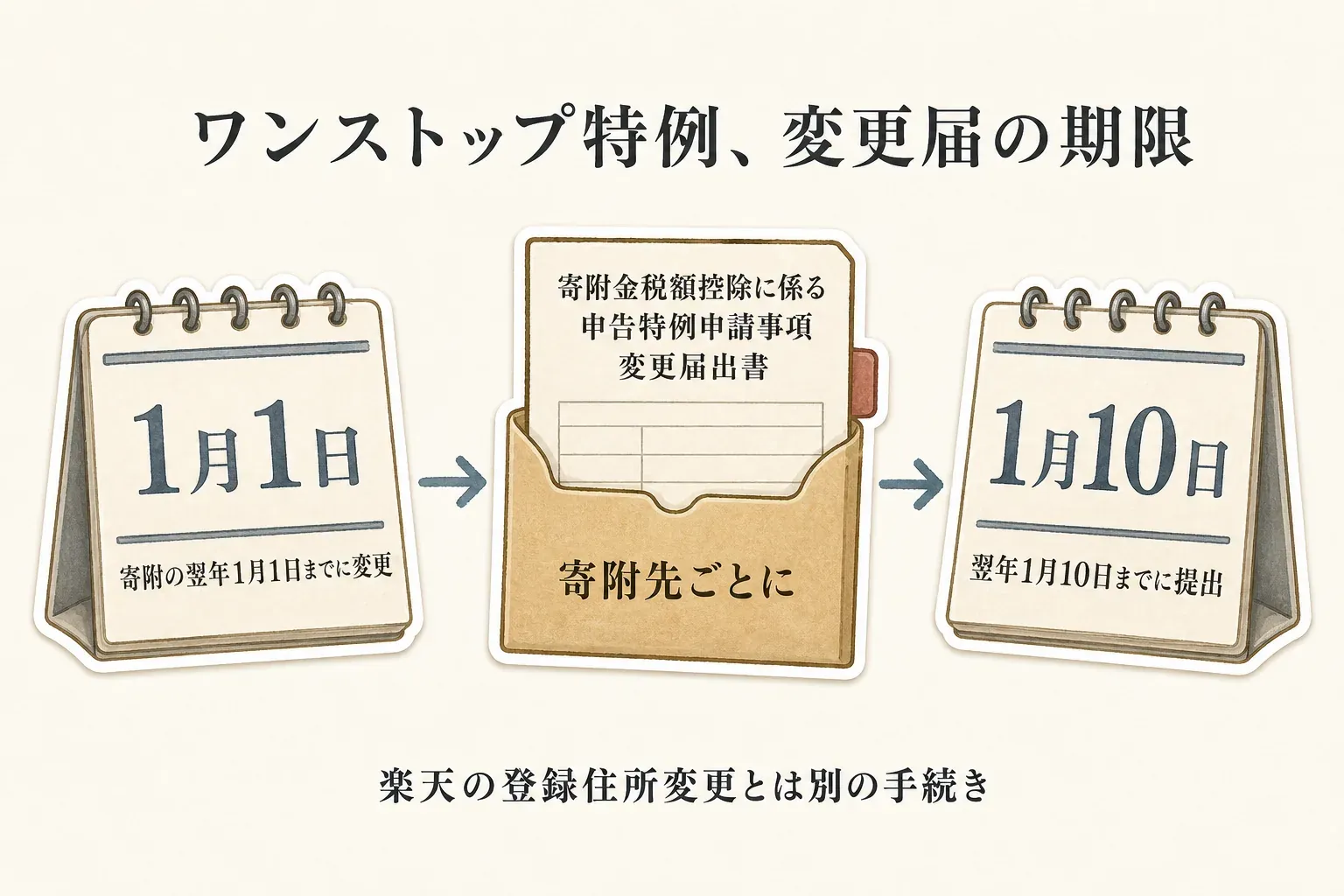 ワンストップ特例を提出済みの人が、寄附の翌年1月1日までに氏名または住所を変更した場合、寄附先自治体ごとに申請事項変更届出書を寄附の翌年1月10日までに提出する期限と流れを示す図