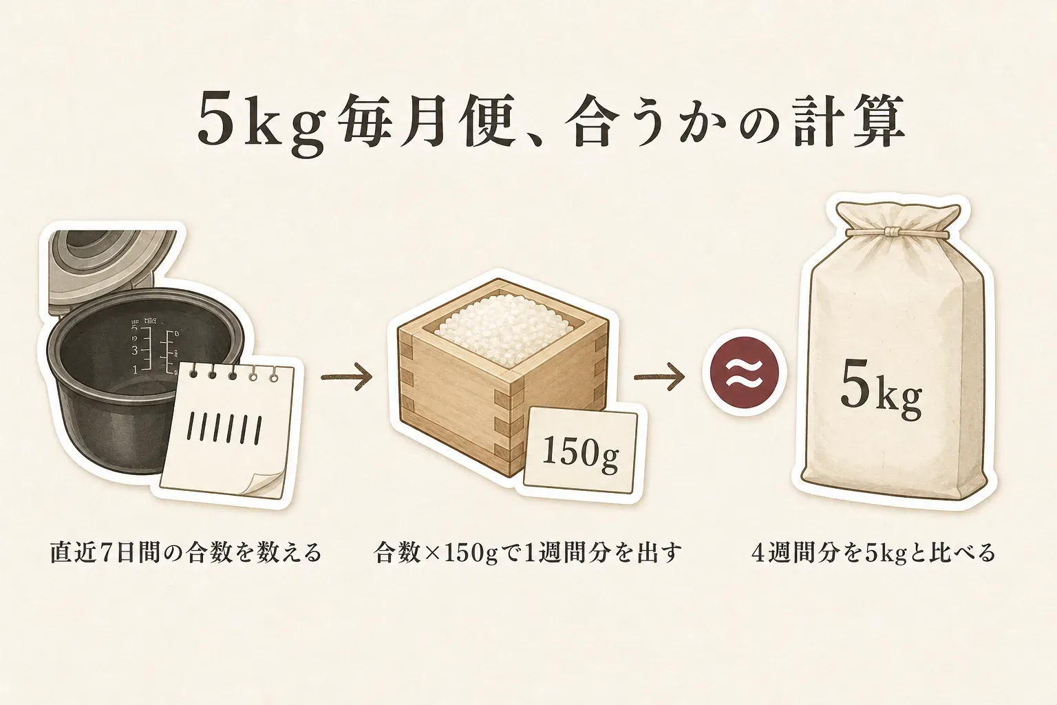 5kgの米毎月便が消費ペースに合うかを、直近7日間の炊飯合数を数え、合数に150gを掛けて1週間分を出し、その4週間分を5kgと比べる3段階で示す図。精白米1合を150gとする農林水産省の案内に基づく