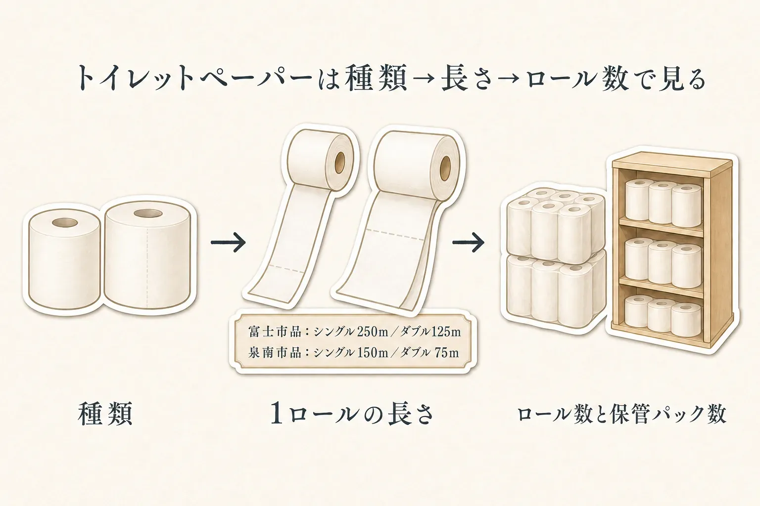 ふるさと納税のトイレットペーパーを選ぶ順番を示す図。シングルかダブルかの種類を確認し、次に1ロールの長さ、最後にロール数と収納できるパック数を確認する