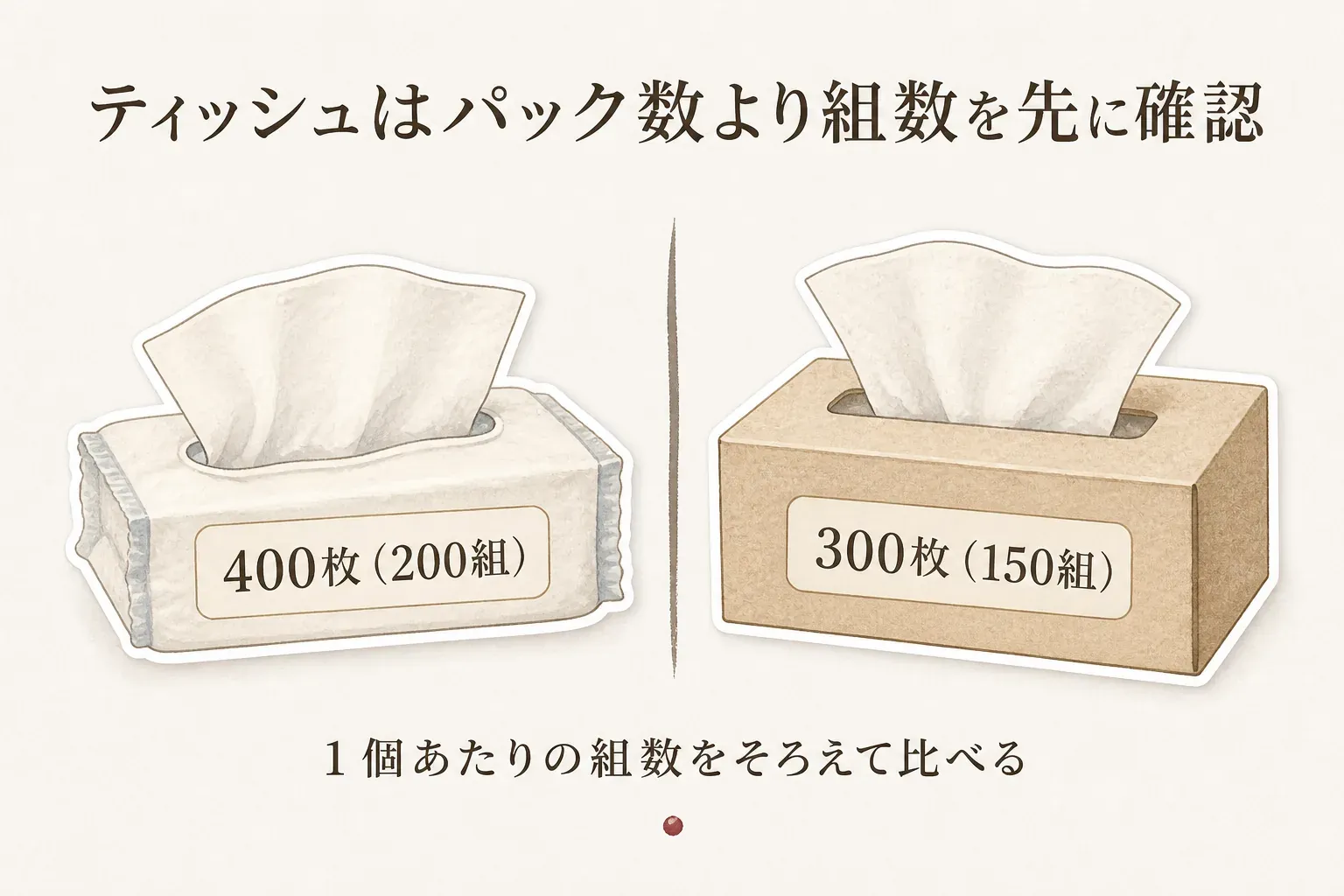 ふるさと納税のティッシュペーパーを比べる図。パック数の前に1箱・1パックあたりの組数を確認し、200組と150組の違い、箱かソフトパックか、保管場所と発送時期を確認する