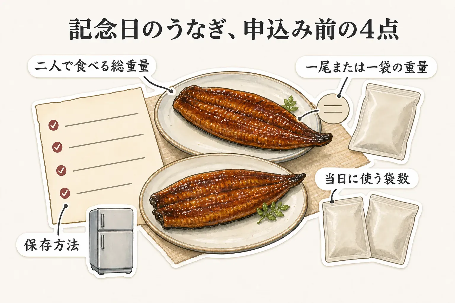 記念日のうなぎ蒲焼を申し込む前に、二人で食べる総重量、一尾または一袋の重量、当日に使う袋数、保存方法の4点を確認する図