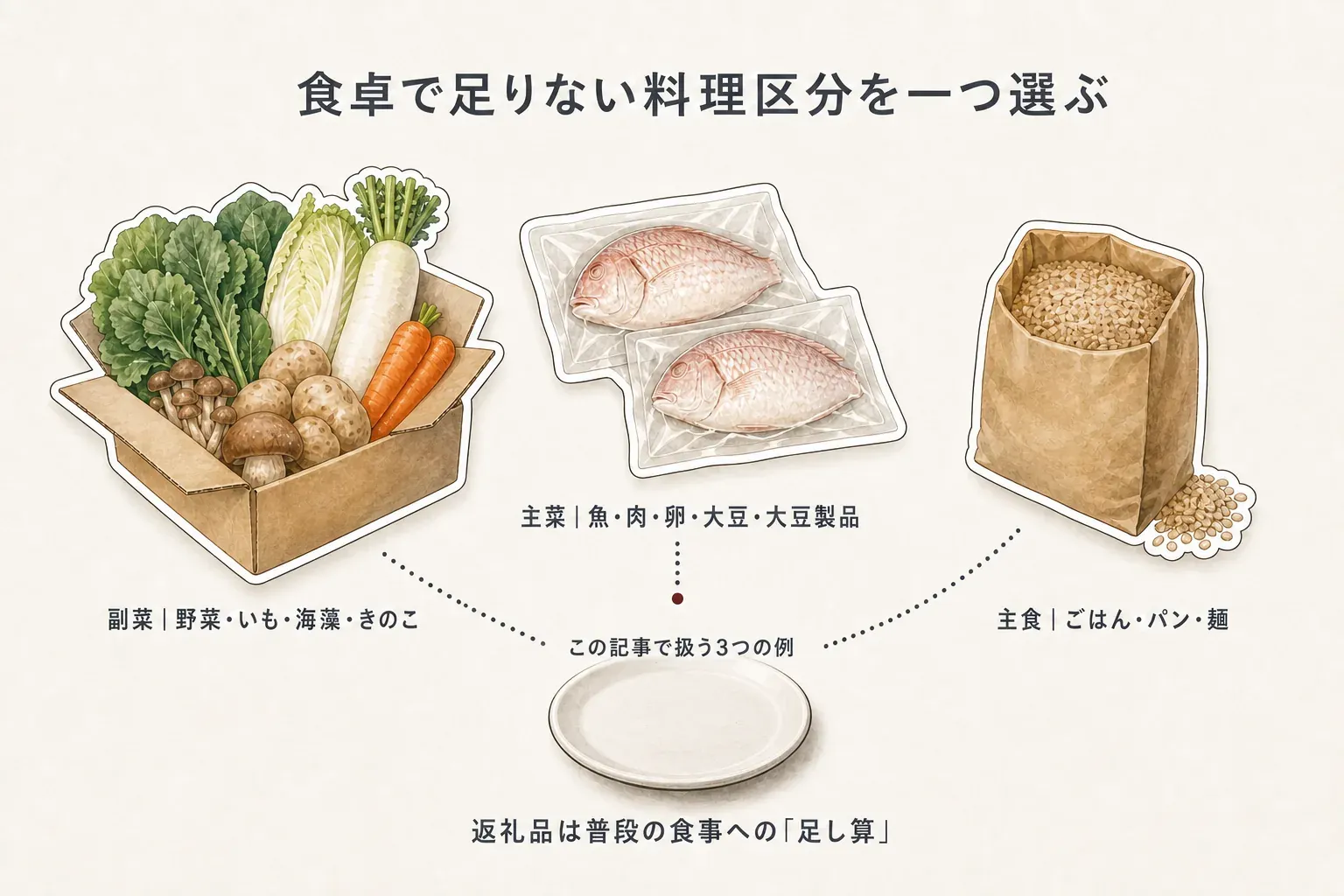 食卓で足りない料理区分を一つ選び、野菜・いも・海藻・きのこは副菜、魚・肉・卵・大豆・大豆製品は主菜、ごはん・パン・麺は主食として、返礼品を普段の食事への足し算にする考え方を示す図