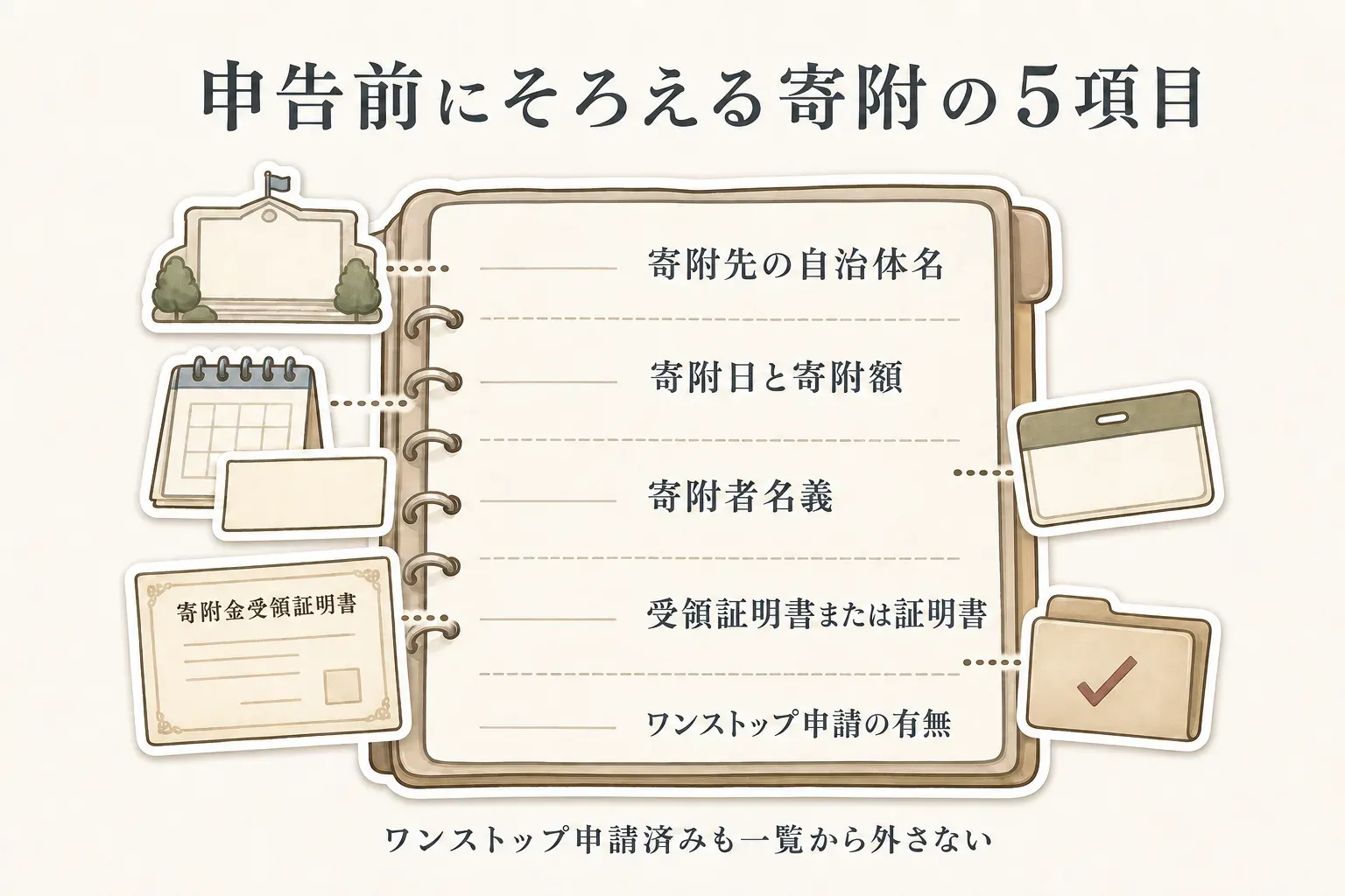 確定申告前のふるさと納税の寄附一覧。寄附先の自治体名、寄附日と寄附額、寄附者名義、受領証明書または証明書、ワンストップ申請の有無を確認し、ワンストップ申請済みの寄附も一覧に含める
