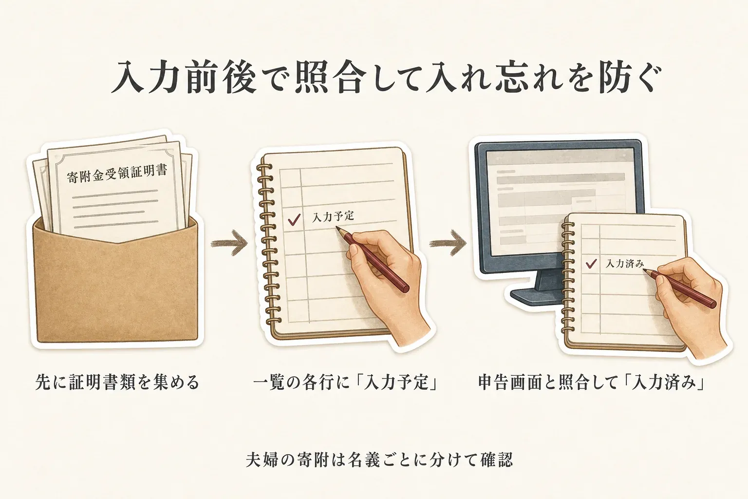 ワンストップ申請済みを含む全寄附を確定申告する手順。申告前に寄附先・金額・名義・証明書を一覧にし、各行に入力予定の印を付け、申告画面の寄附先と金額を一覧と照合して入力済みにする