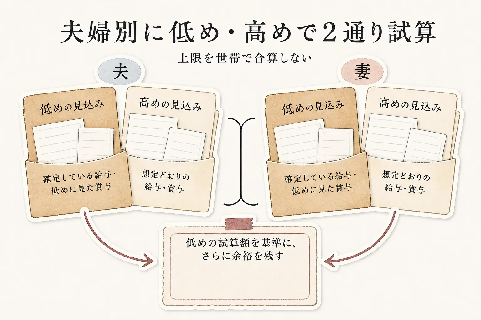 夫婦それぞれについて、確定している給与と低めに見た賞与を入れる「低めの見込み」と、想定どおりの給与・賞与を入れる「高めの見込み」の2通りで試算し、世帯で合算せず低めの試算額を基準にさらに余裕を残す流れ